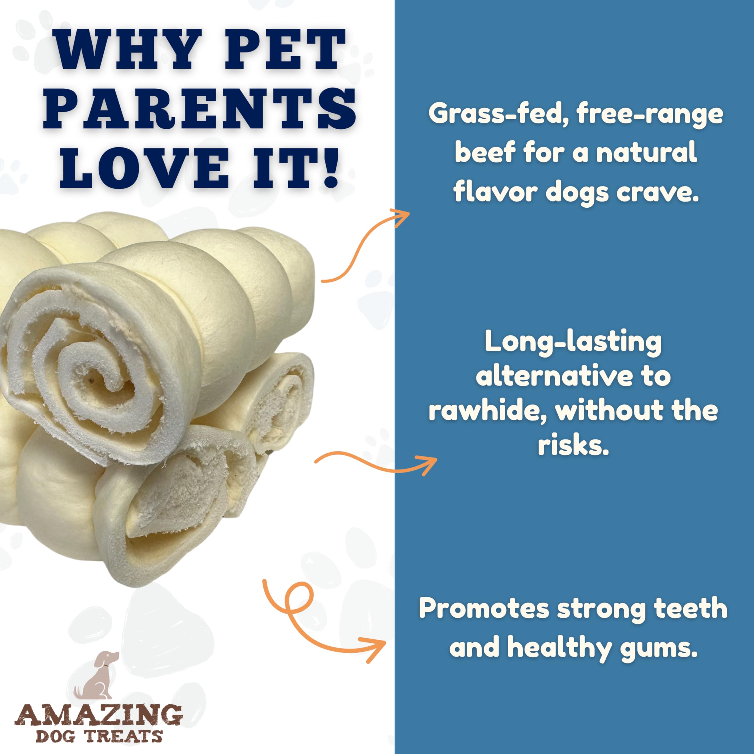 Dog enjoys Amazing Dog Treats Beef Cheek Rolls during a chew session.