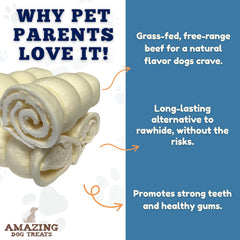 Dog enjoys Amazing Dog Treats Beef Cheek Rolls during a chew session.