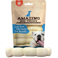 Amazing Dog Treats beef cheek rolls packaging shows a rawhide alternative for power chewers.