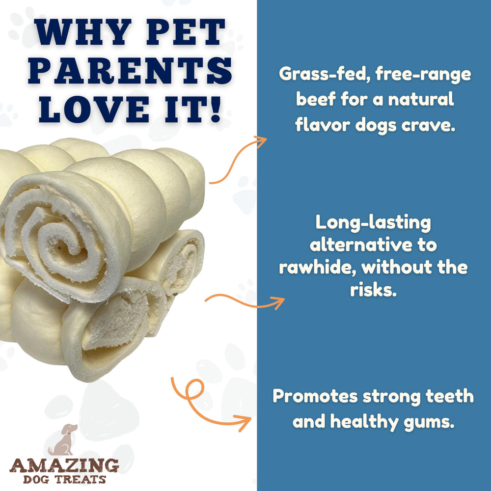 Four-pack Amazing Dog Treats Beef Cheek Rolls laid out for sharing.