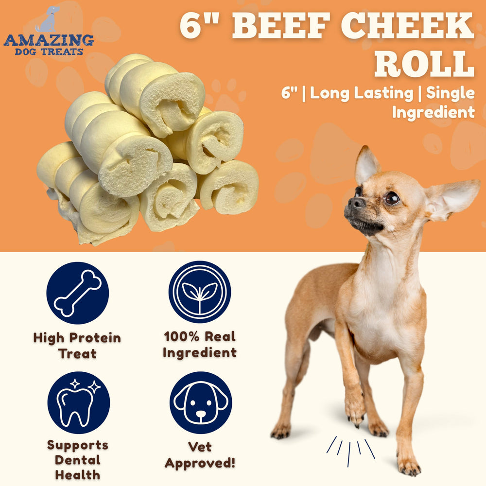 Amazing Dog Treats Beef Cheek Rolls: action shot chewing for dental-friendly, single-ingredient treat.