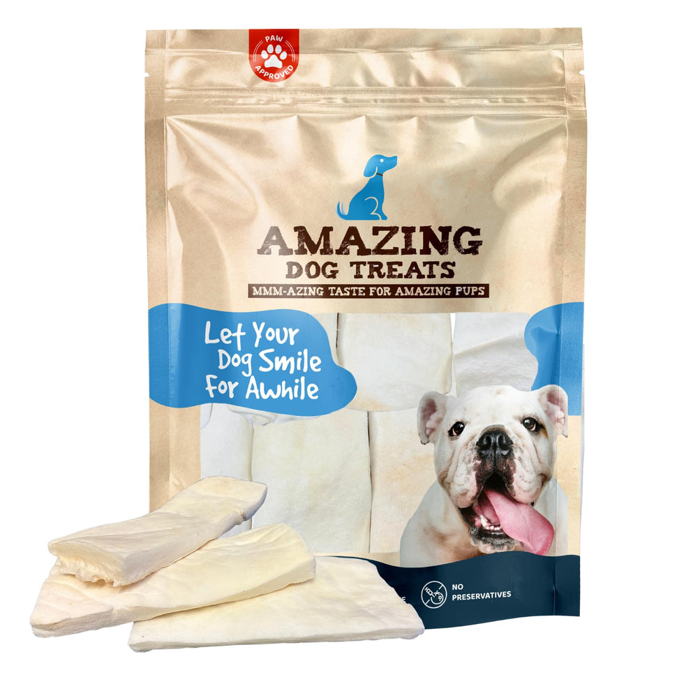 Amazing Dog Treats beef cheek strips six-inch pack for durable chewing and enrichment.