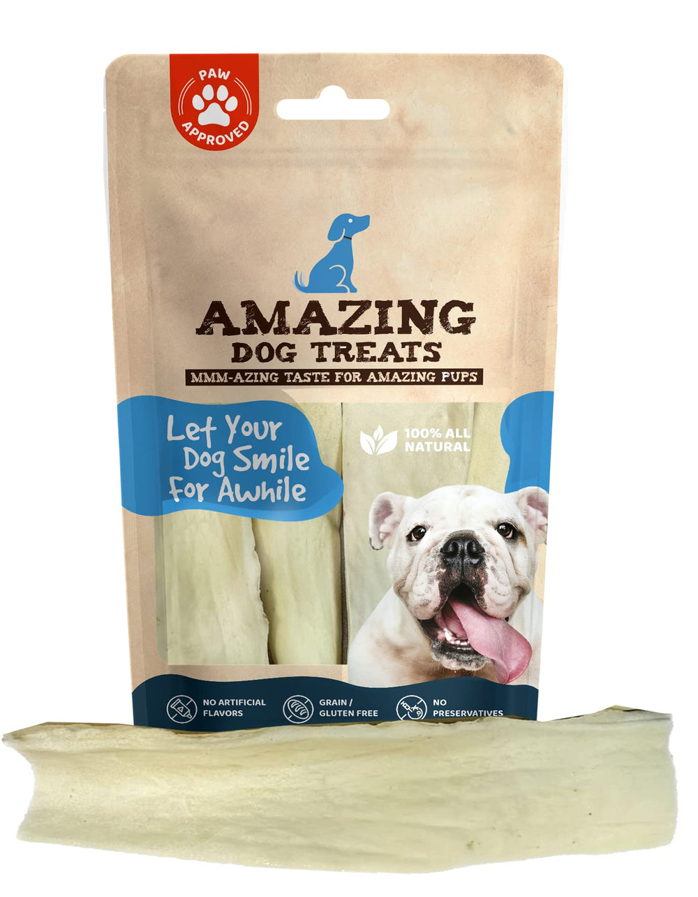 Amazing Dog Treats beef cheek strips in package, odor-free chew for dogs