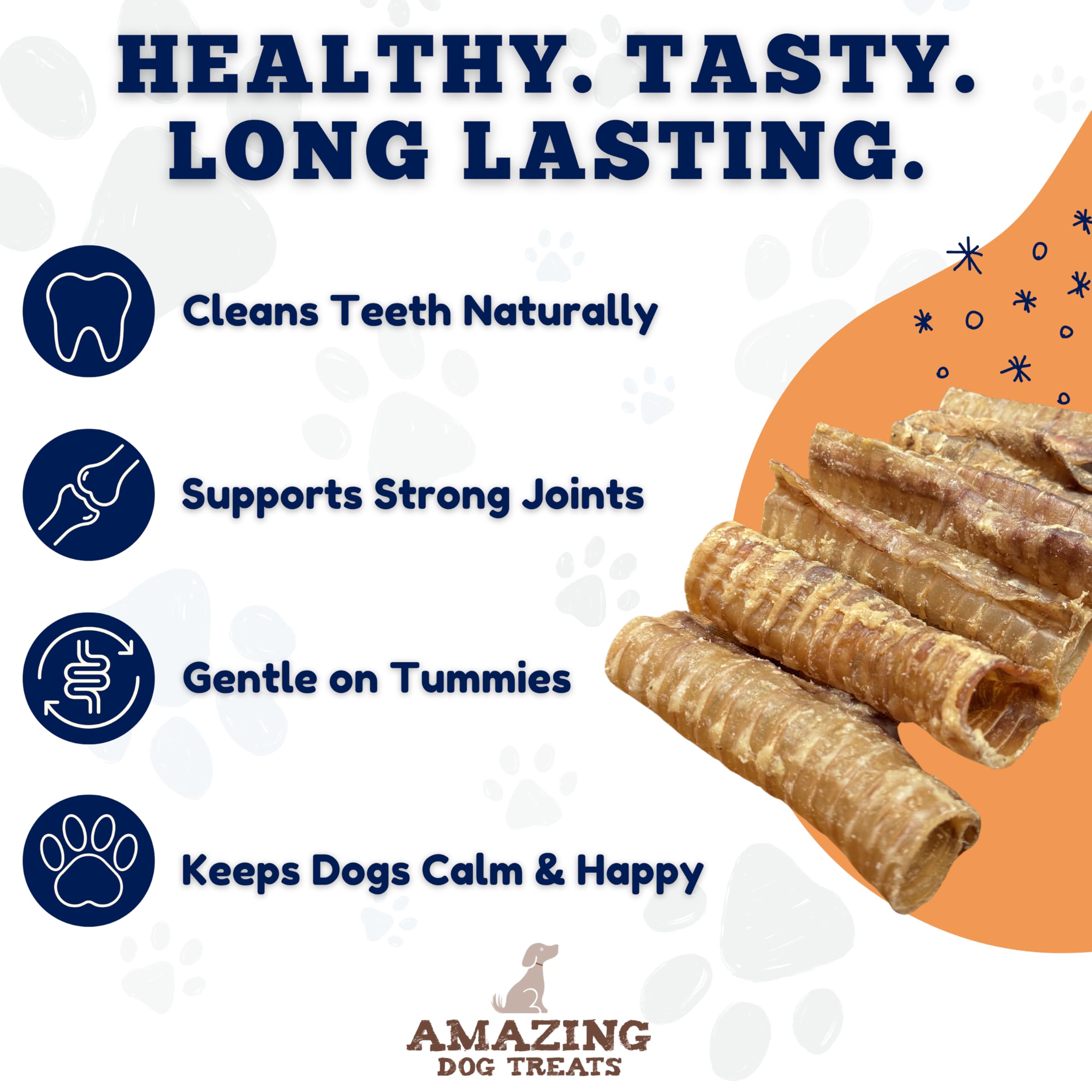 Amazing Dog Treats beef trachea 6inch ingredients shot underscores natural protein source.