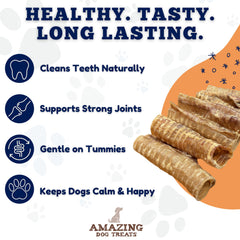 Amazing Dog Treats beef trachea 6inch ingredients shot underscores natural protein source.