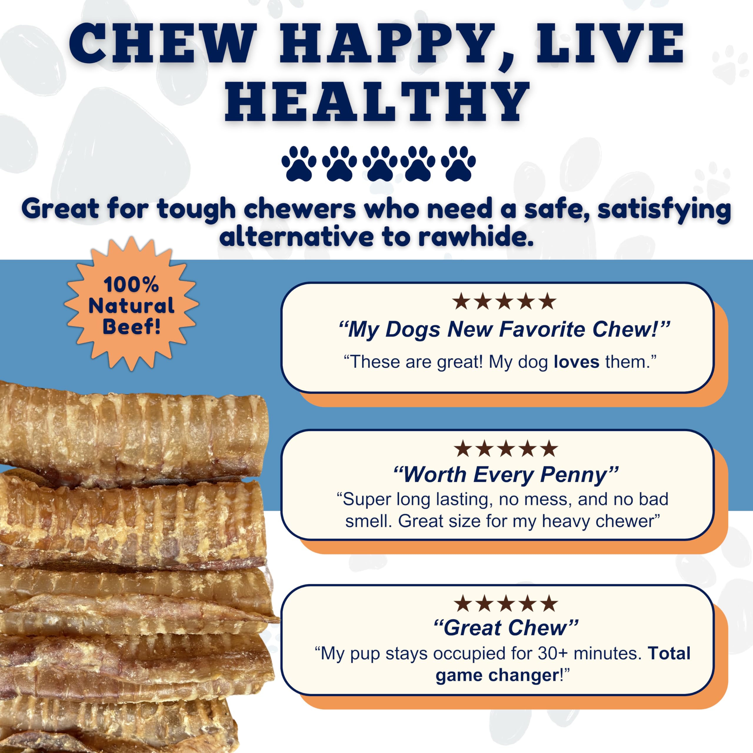 Amazing Dog Treats beef trachea 6inch packaging shot conveys convenient 20-count supply.