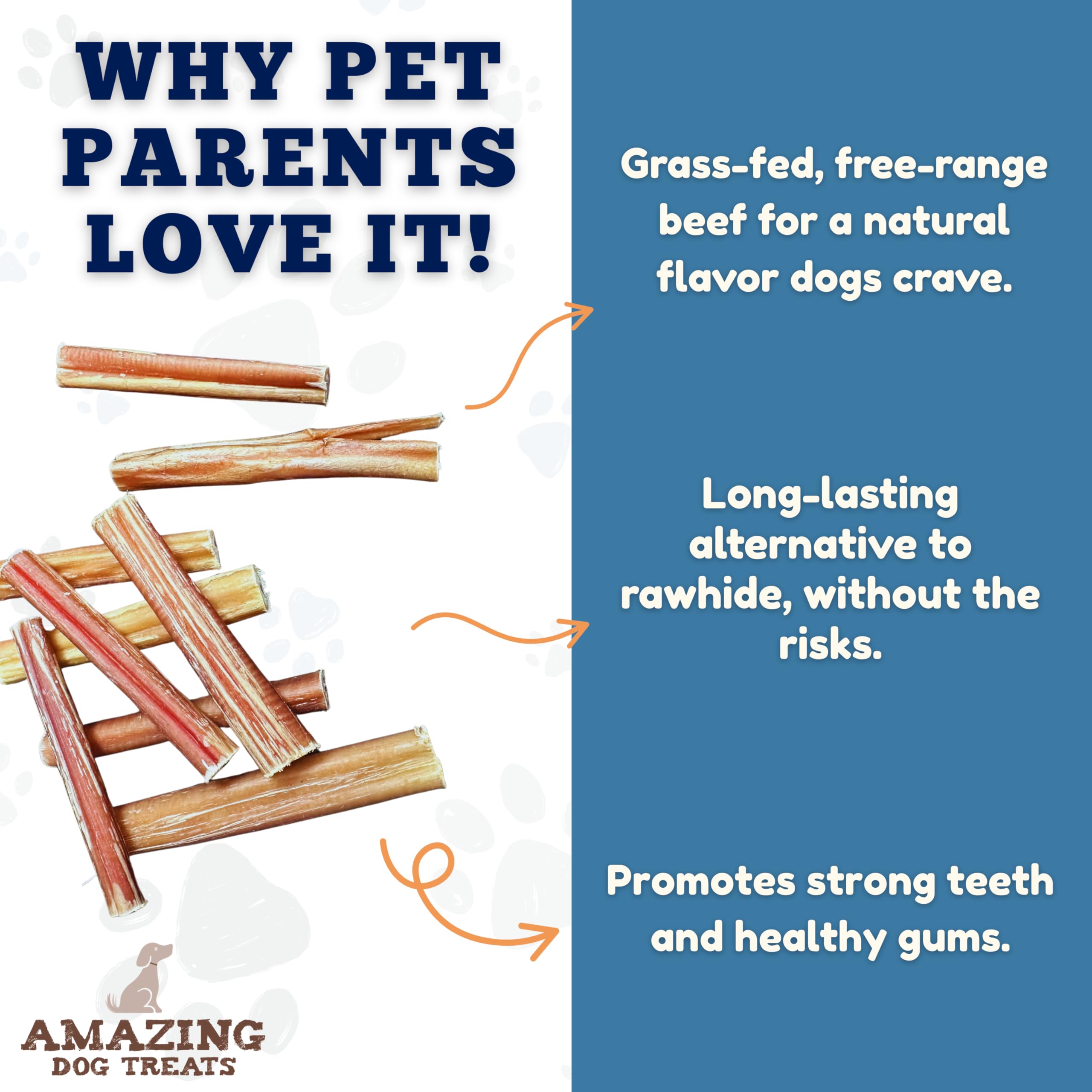 Amazing Dog Treats thick bully sticks for larger breeds and tougher chewers.