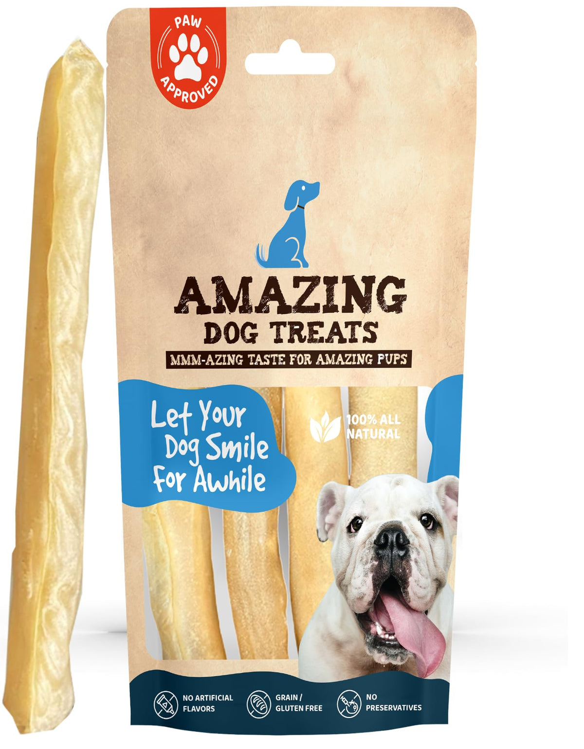 Amazing Dog Treats collagen stick 12-inch beef cheek roll; supports joint mobility.
