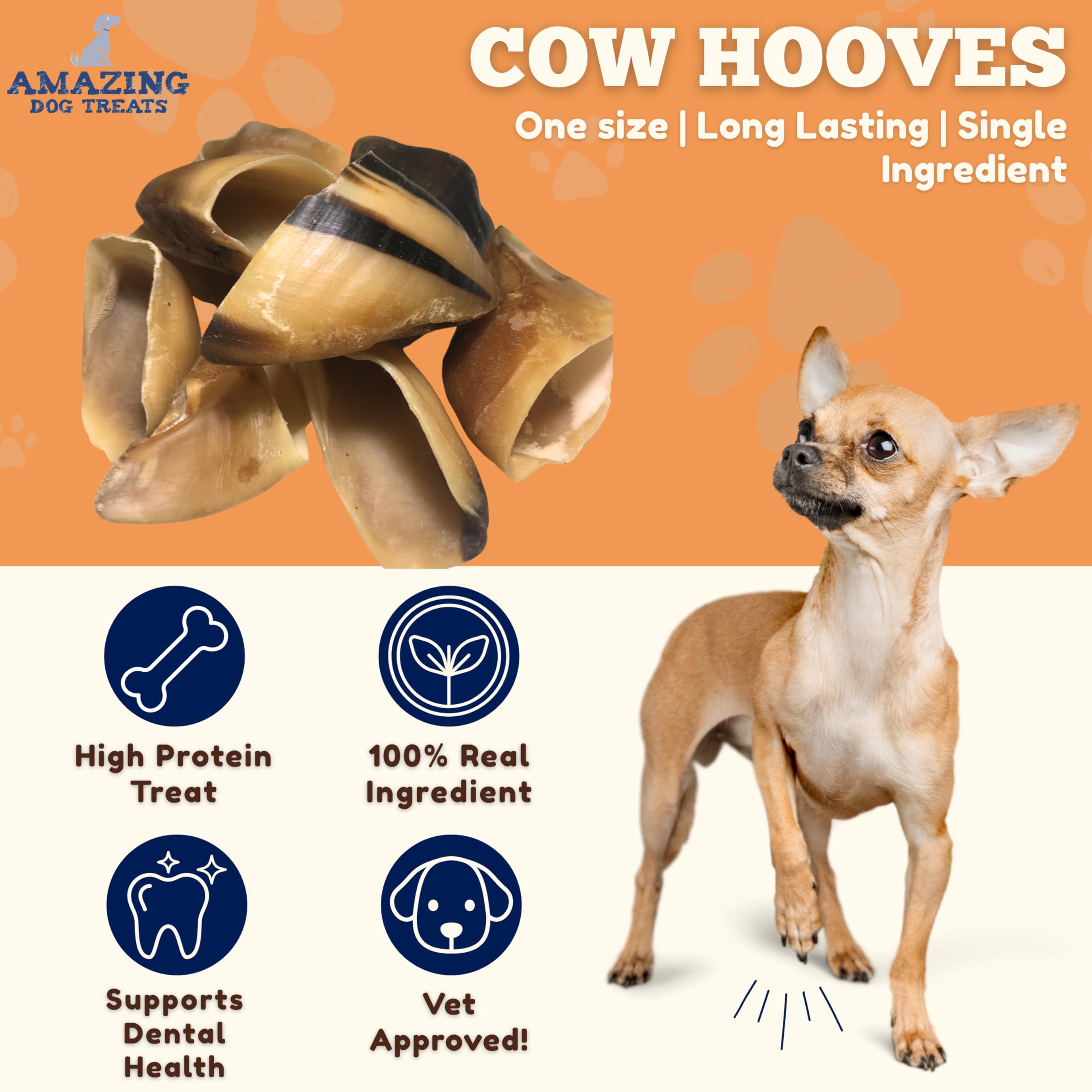 Amazing Dog Treats cow hooves closeup texture showing natural chew.