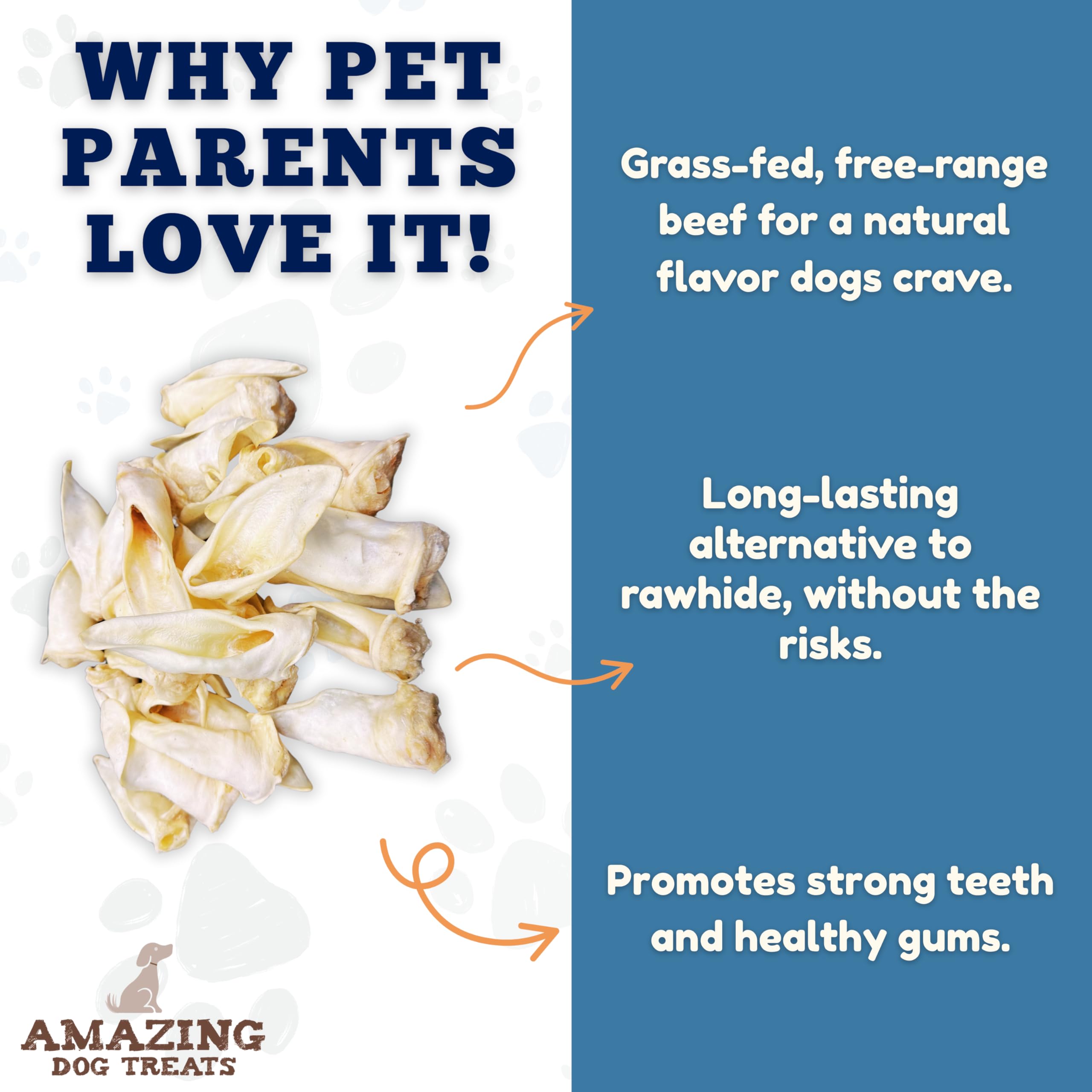 Amazing Dog Treats lamb ears chewing action showing a natural chew and tasty reward for dogs.