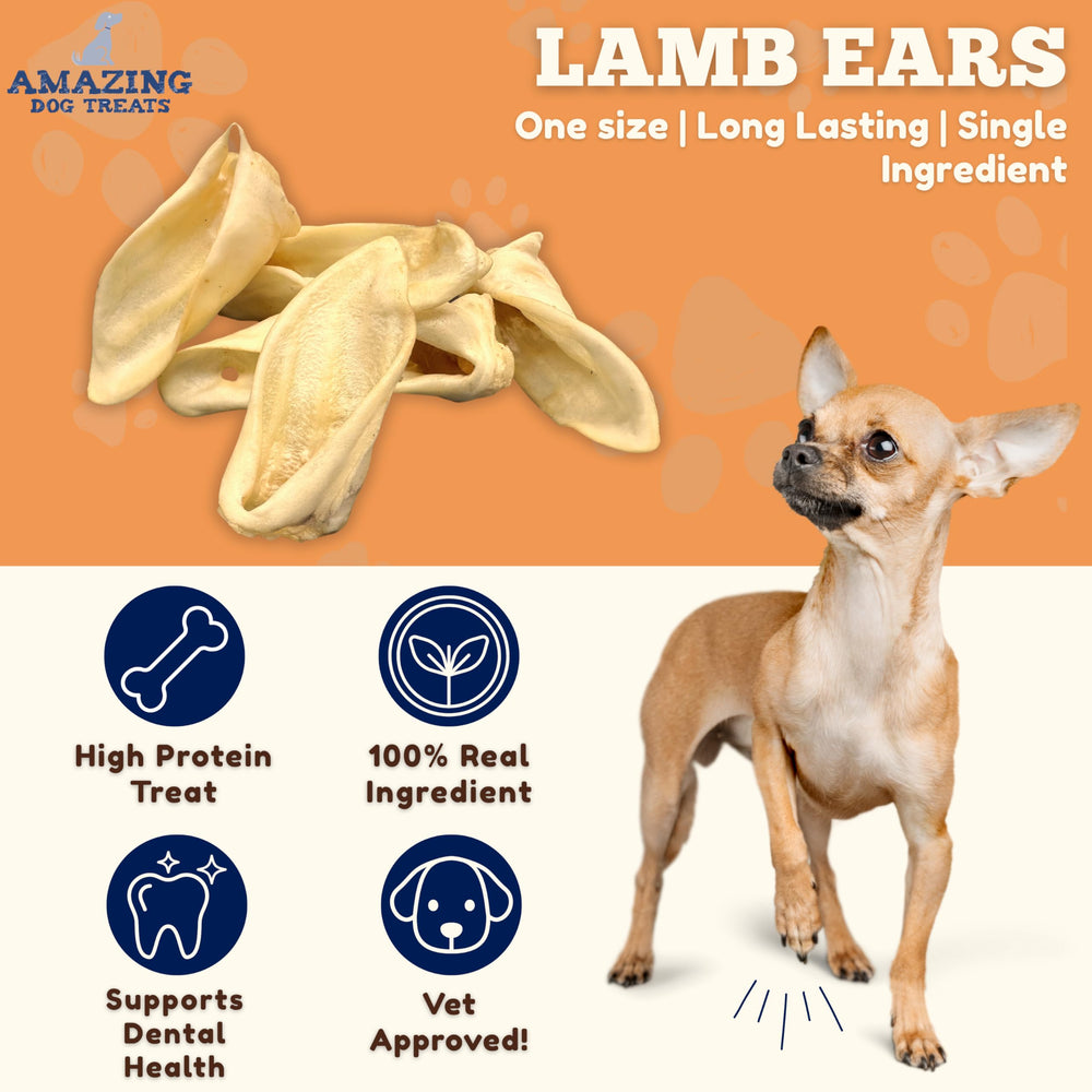 Amazing Dog Treats lamb ears close-up highlighting single-ingredient, natural chew for dogs.