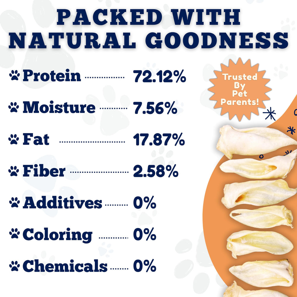 Amazing Dog Treats lamb ears natural ingredients close-up showing free-range origin.