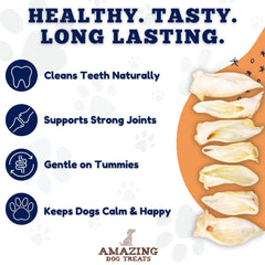 Amazing Dog Treats lamb ears variety shot emphasizing jumbo, regular, and small sizes.