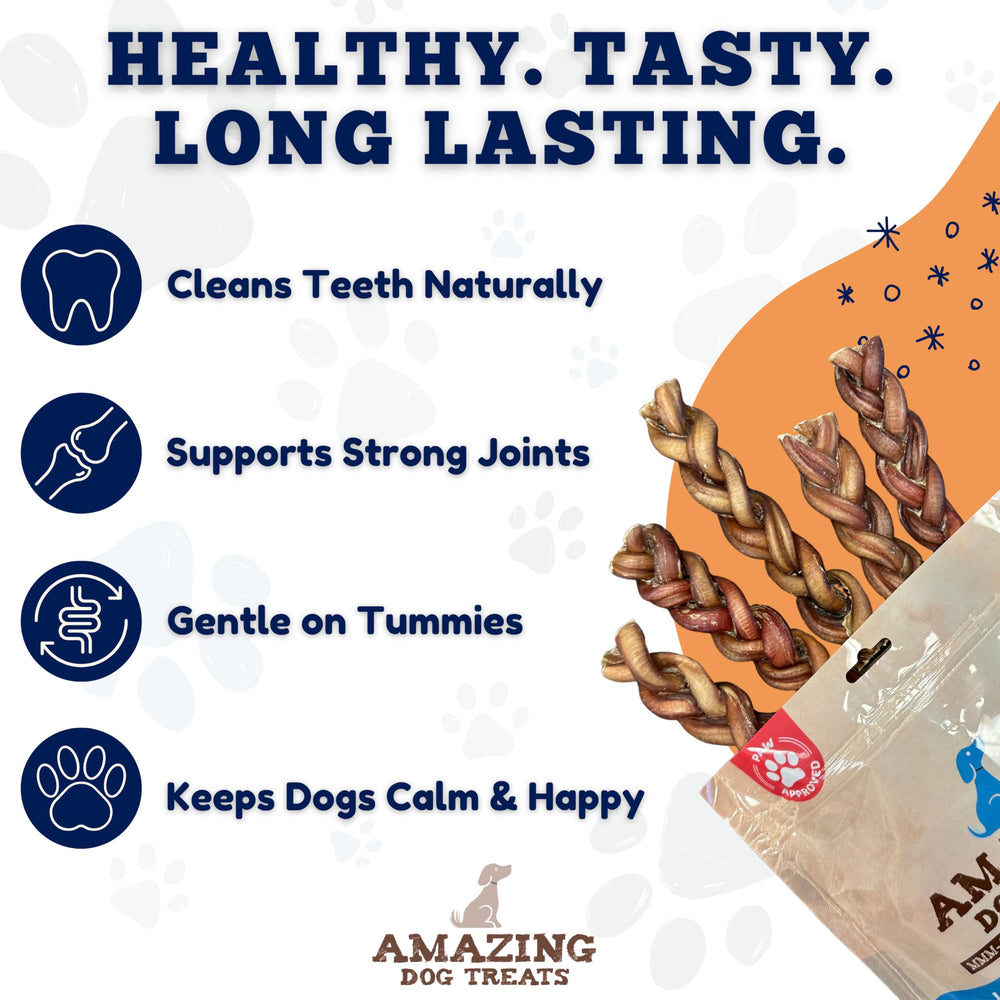 Amazing Dog Treats odor-free bully sticks highlighted in packaging.