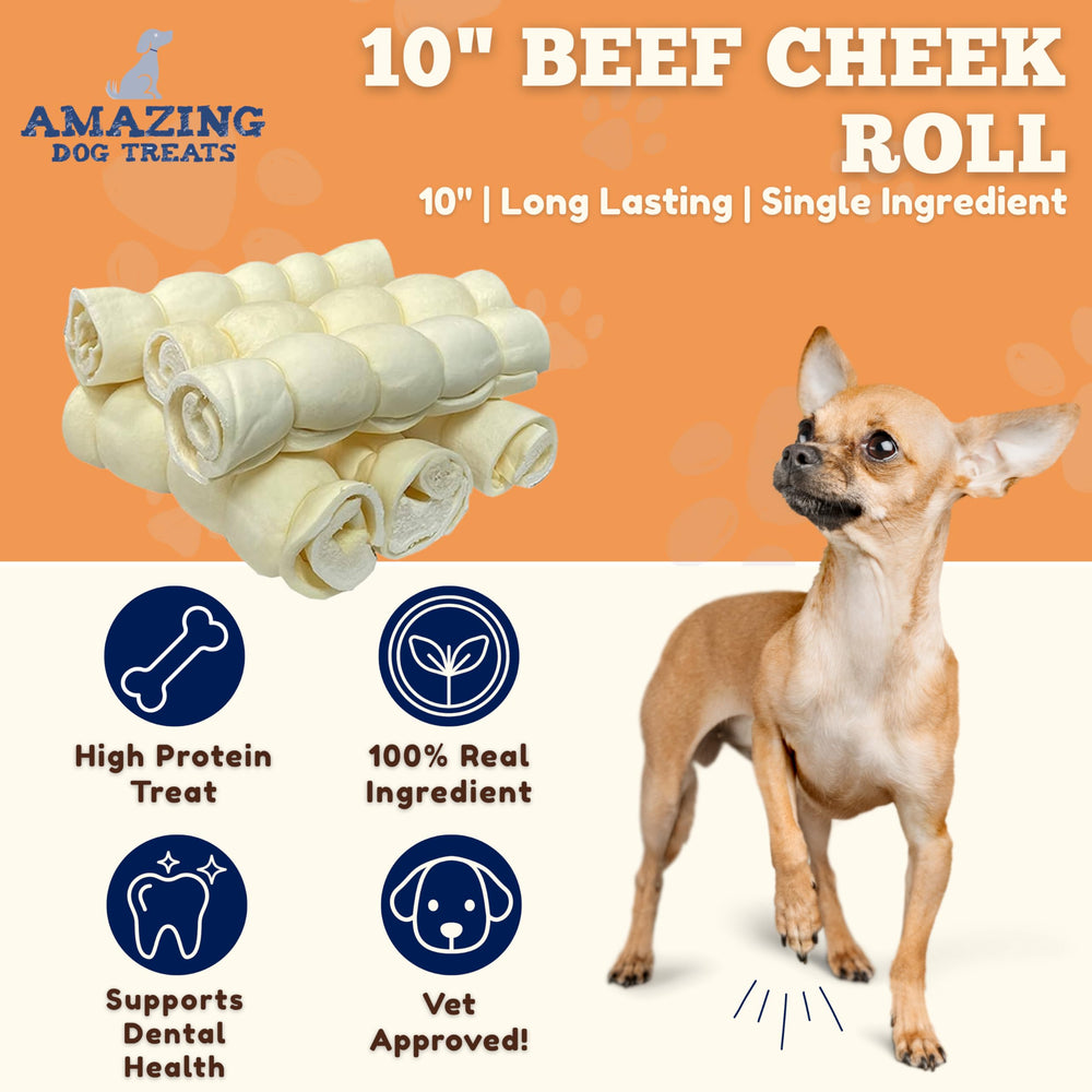 Amazing Dog Treats mega thick beef cheek rolls ideal for power chewers.