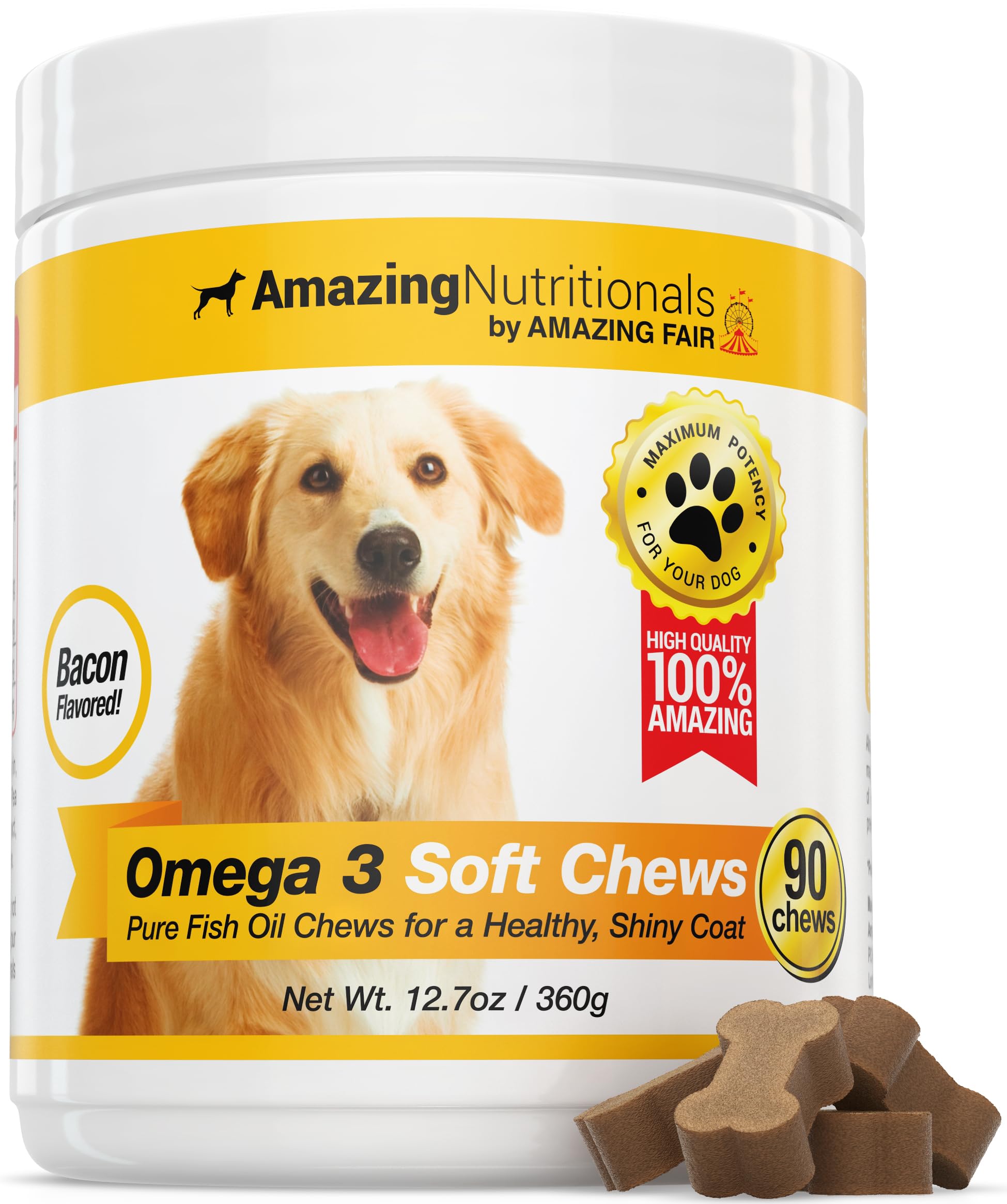 Amazing Nutritionals Amazing Omega 3 bacon-flavor chews for dogs promote a tasty daily omega boost.