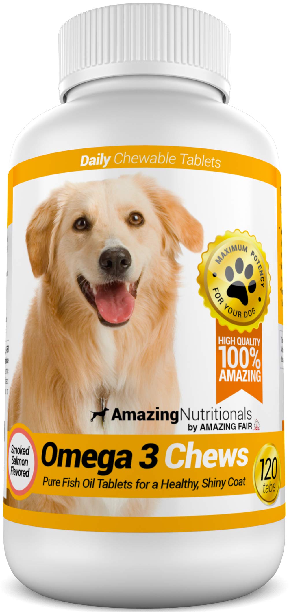 Amazing Nutritionals Omega 3 for Dogs salmon-flavored chews support healthy skin and coat.