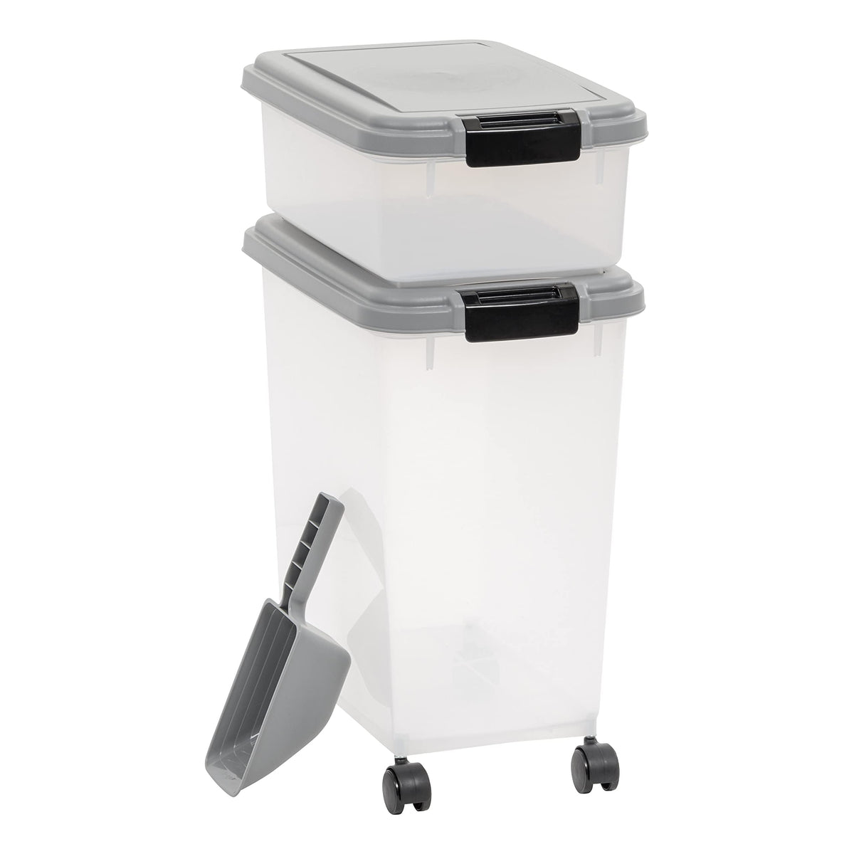 Amazon Basics 33qt container with airtight lid for dry pet food freshness.