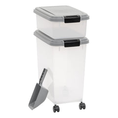 Amazon Basics 33qt container with airtight lid for dry pet food freshness.