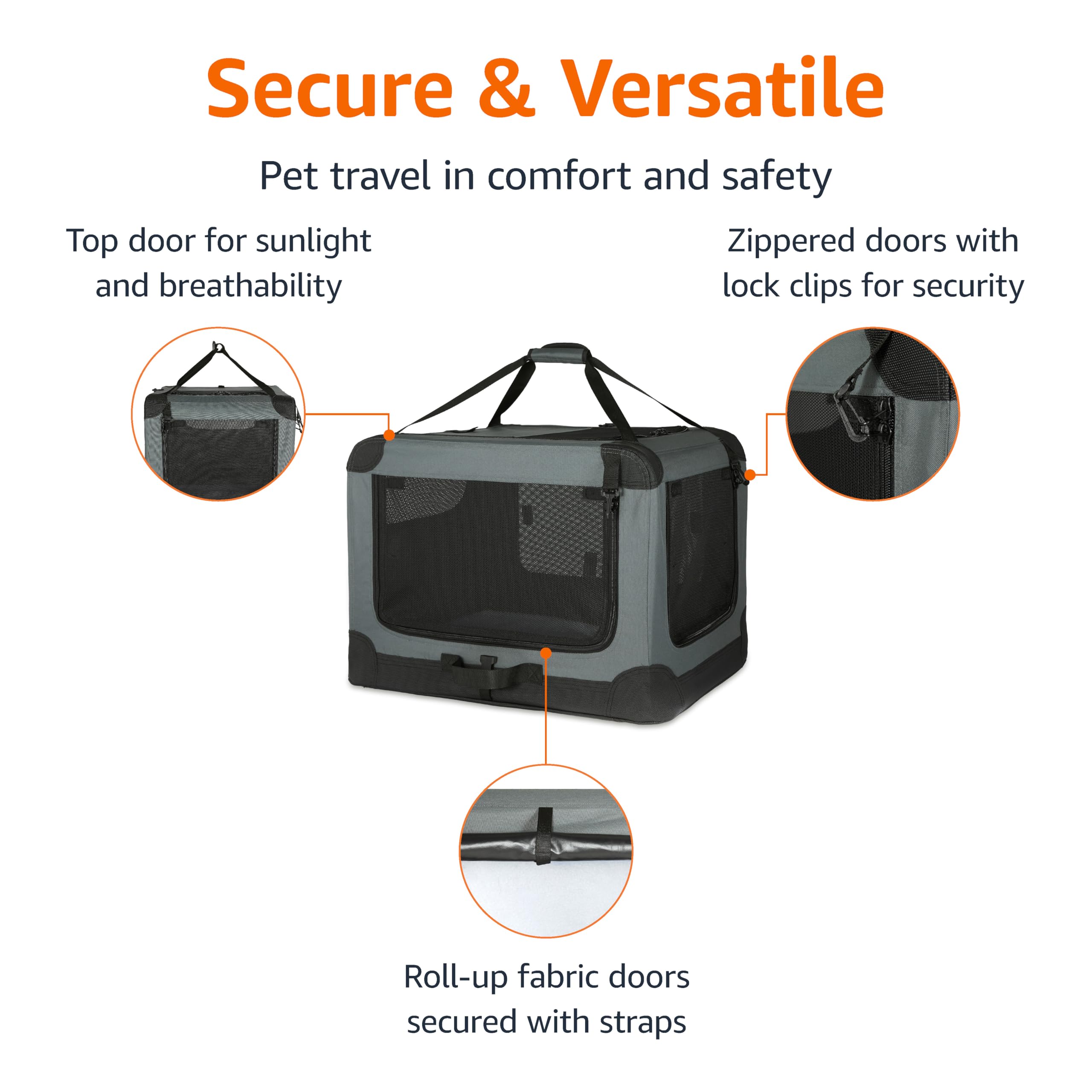 Amazon Basics crate top door enables airflow and natural light during trips.