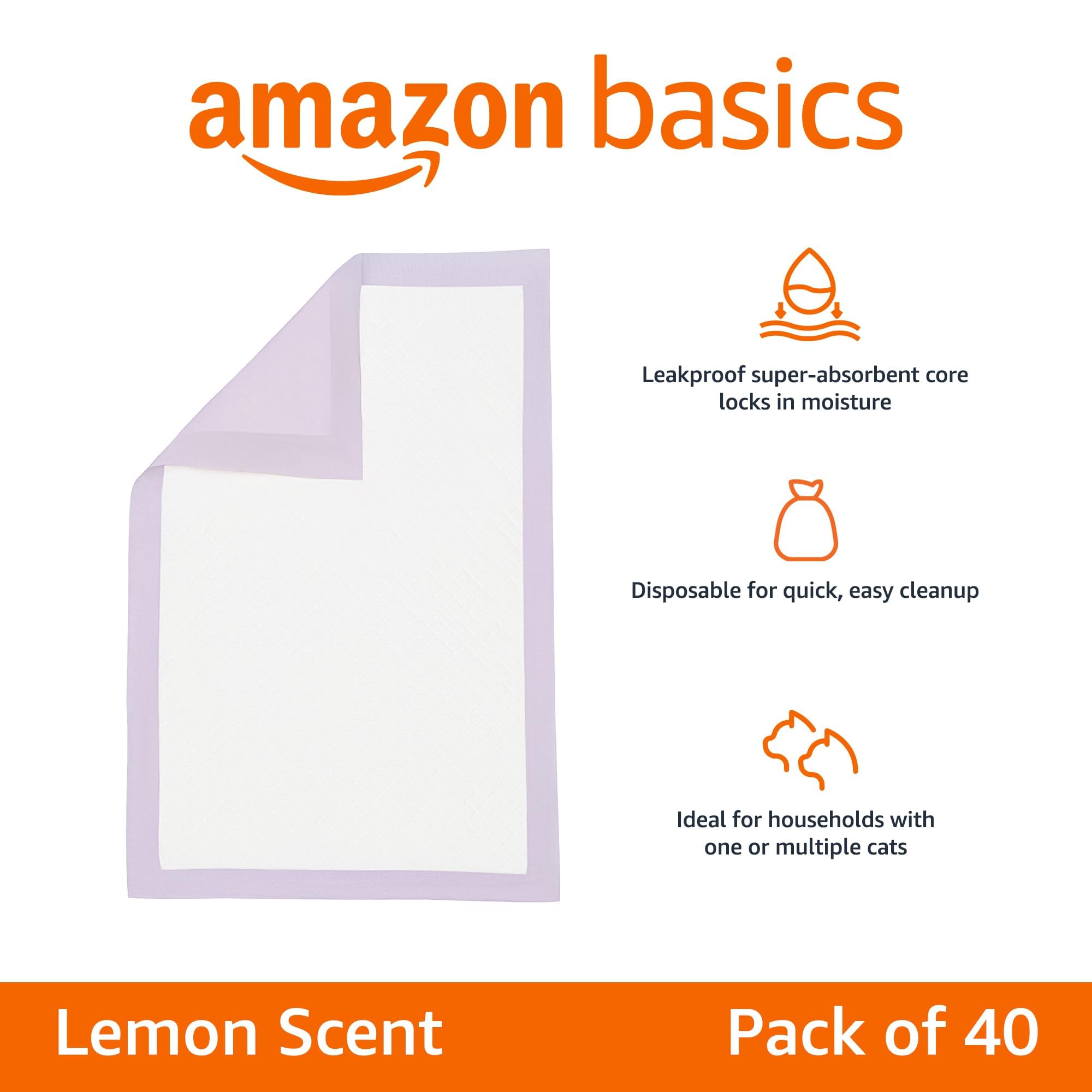 Amazon Basics 40-pack disposable litter pads for quick cleanup after use.