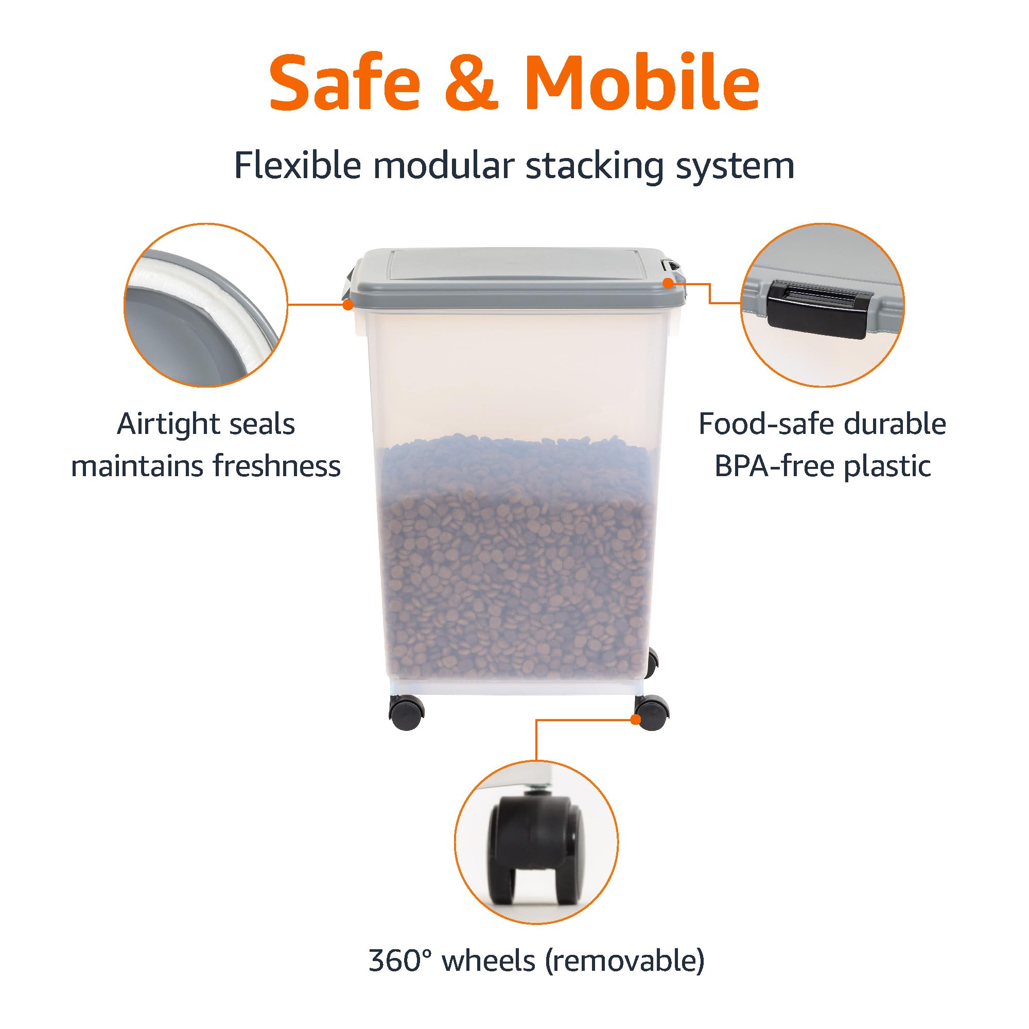 Amazon Basics 69qt pet food bin with scoop, side view, ideal for kibble organization.