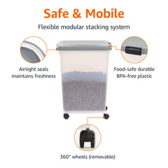 Amazon Basics 69qt pet food bin with scoop, side view, ideal for kibble organization.