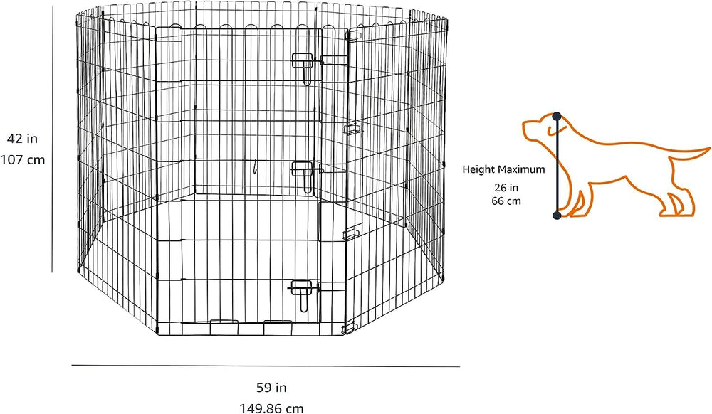 Amazon Basics 8-panel dog playpen with modular panels for flexible layouts, outdoor-ready.