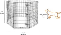 Amazon Basics 8-panel dog playpen with modular panels for flexible layouts, outdoor-ready.
