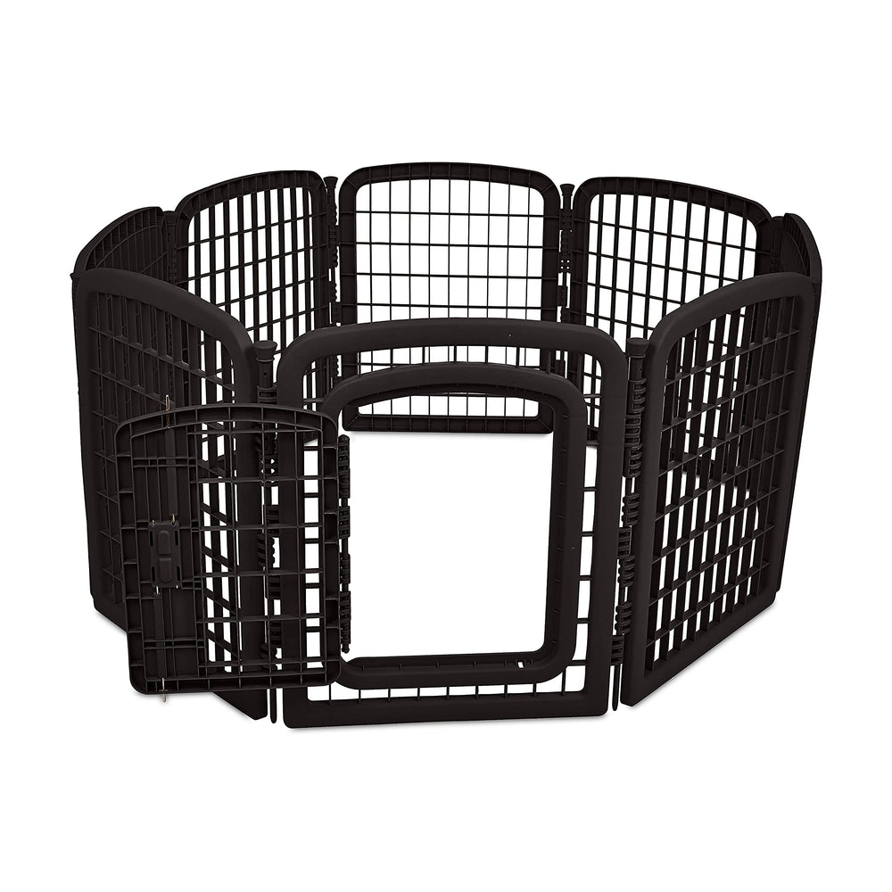 Interlocking panels of Amazon Basics pet pen forming a secure perimeter
