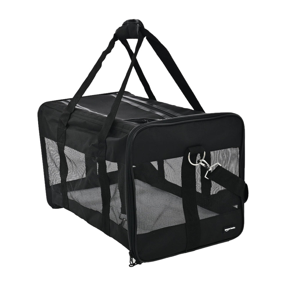 Amazon Basics airline-approved mesh pet carrier with top opening for easy loading.