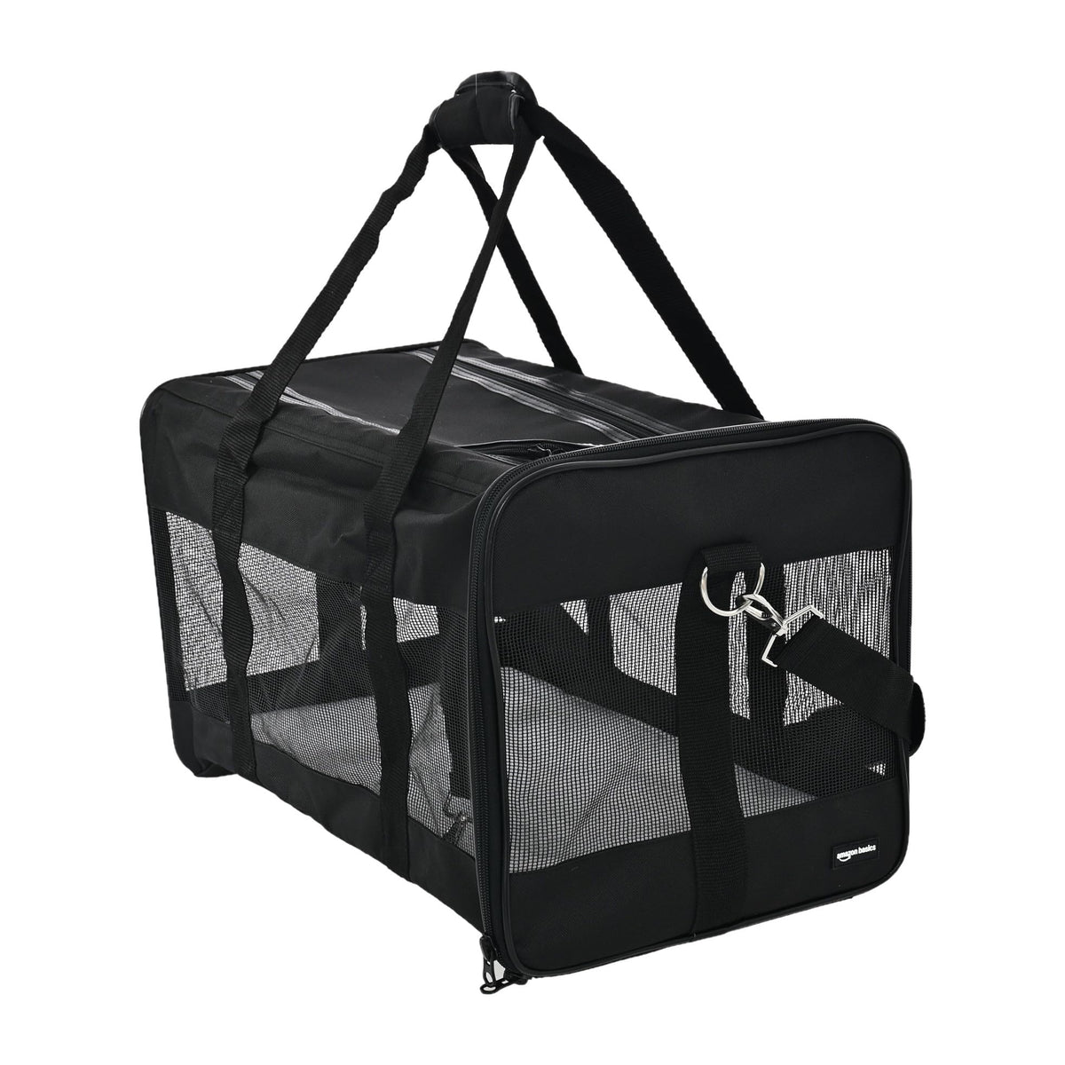 Amazon Basics airline-approved soft-sided mesh pet travel carrier front view showing secure zip