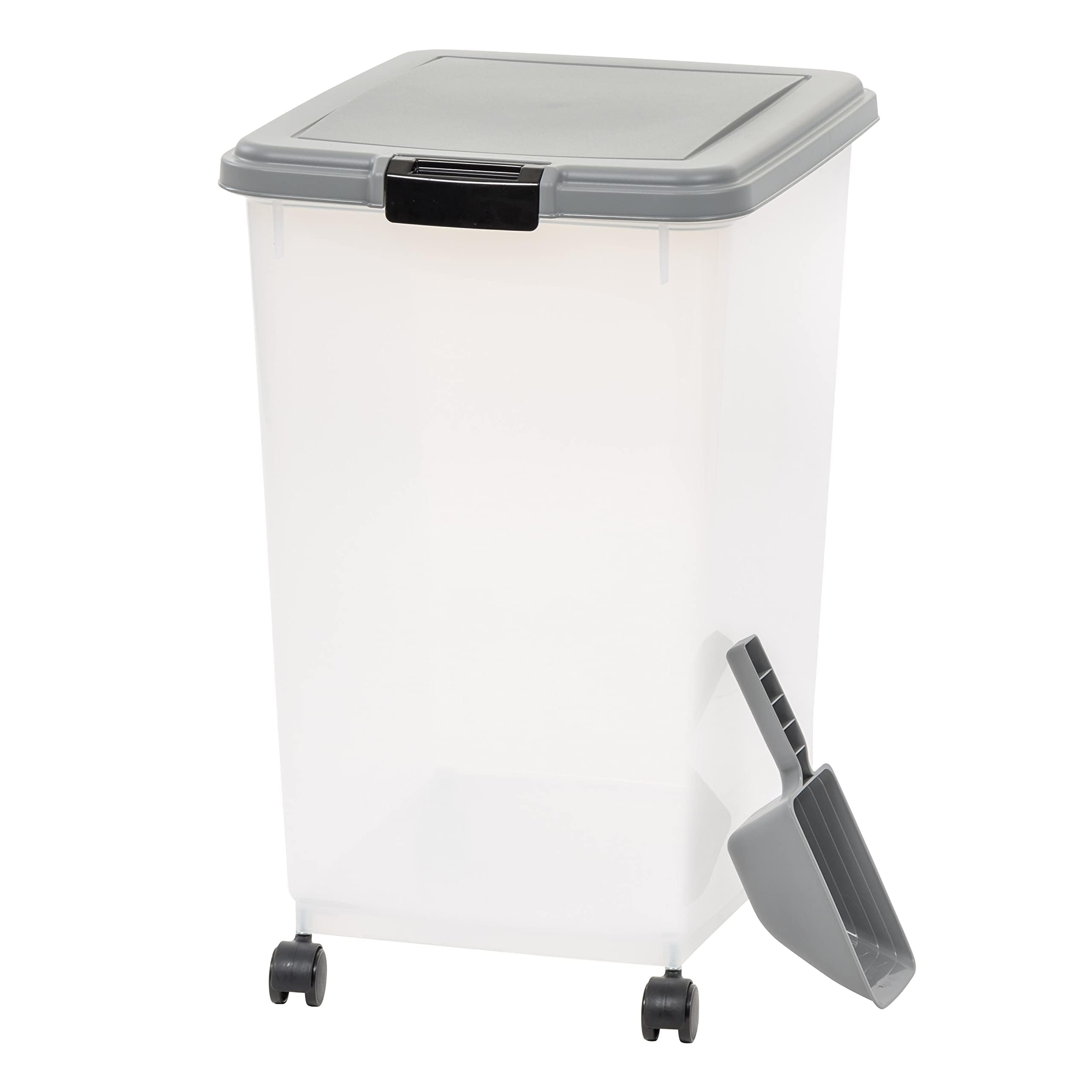 Amazon Basics airtight pet food container with scoop, front view, for easy measured portions.
