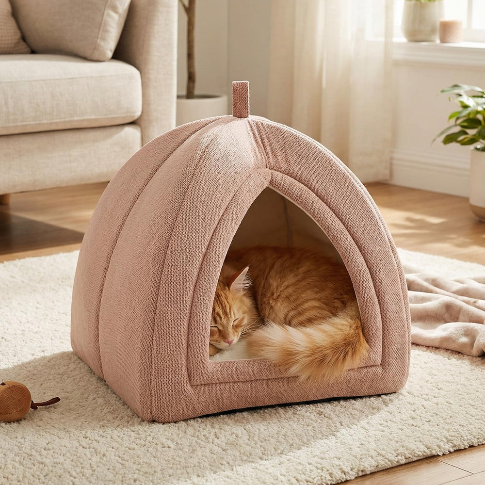 Amazon Basics Cat Cave Bed non-slip base keeps bed steady on floors.