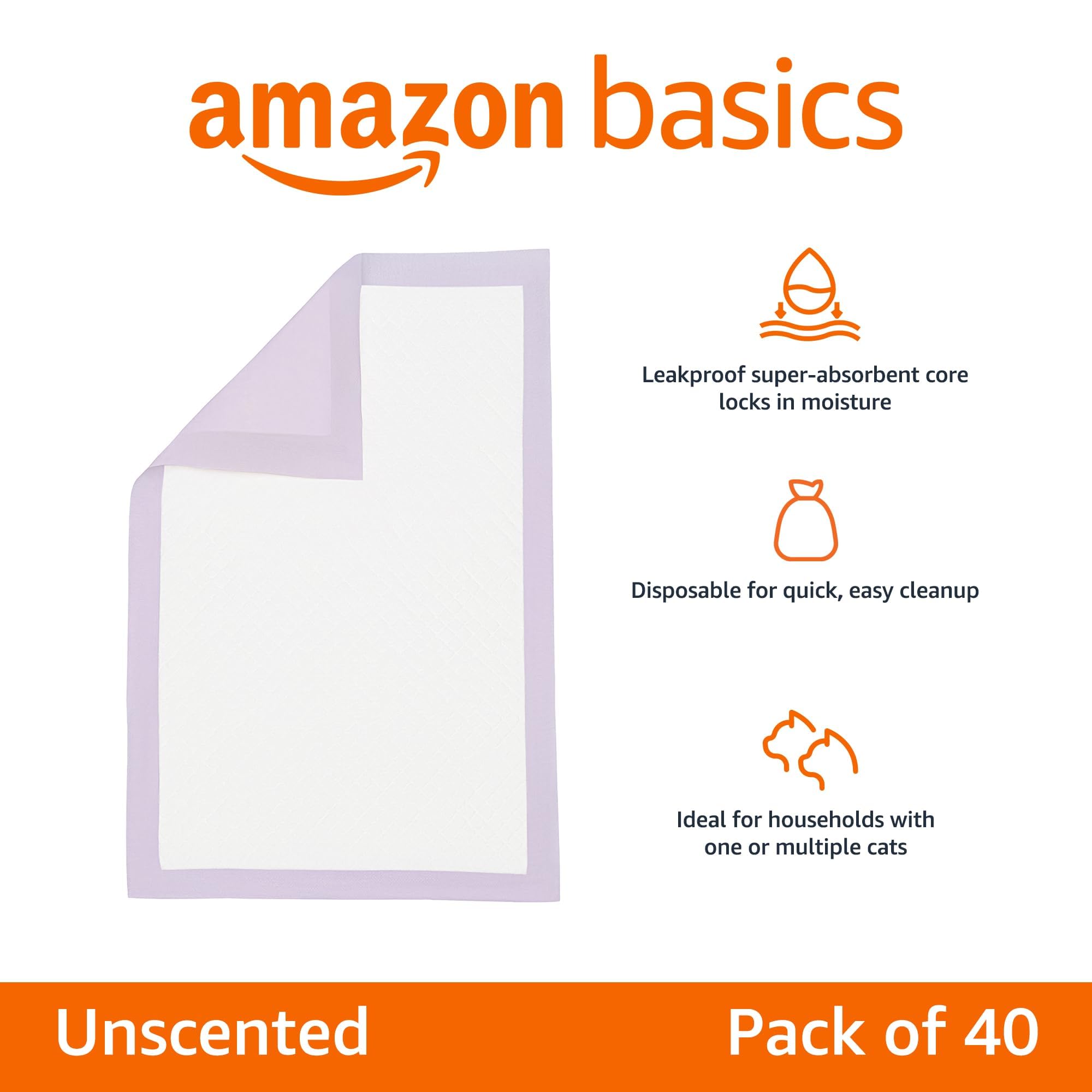 Amazon Basics cat pee pad with odor-control design reduces litter box smells.
