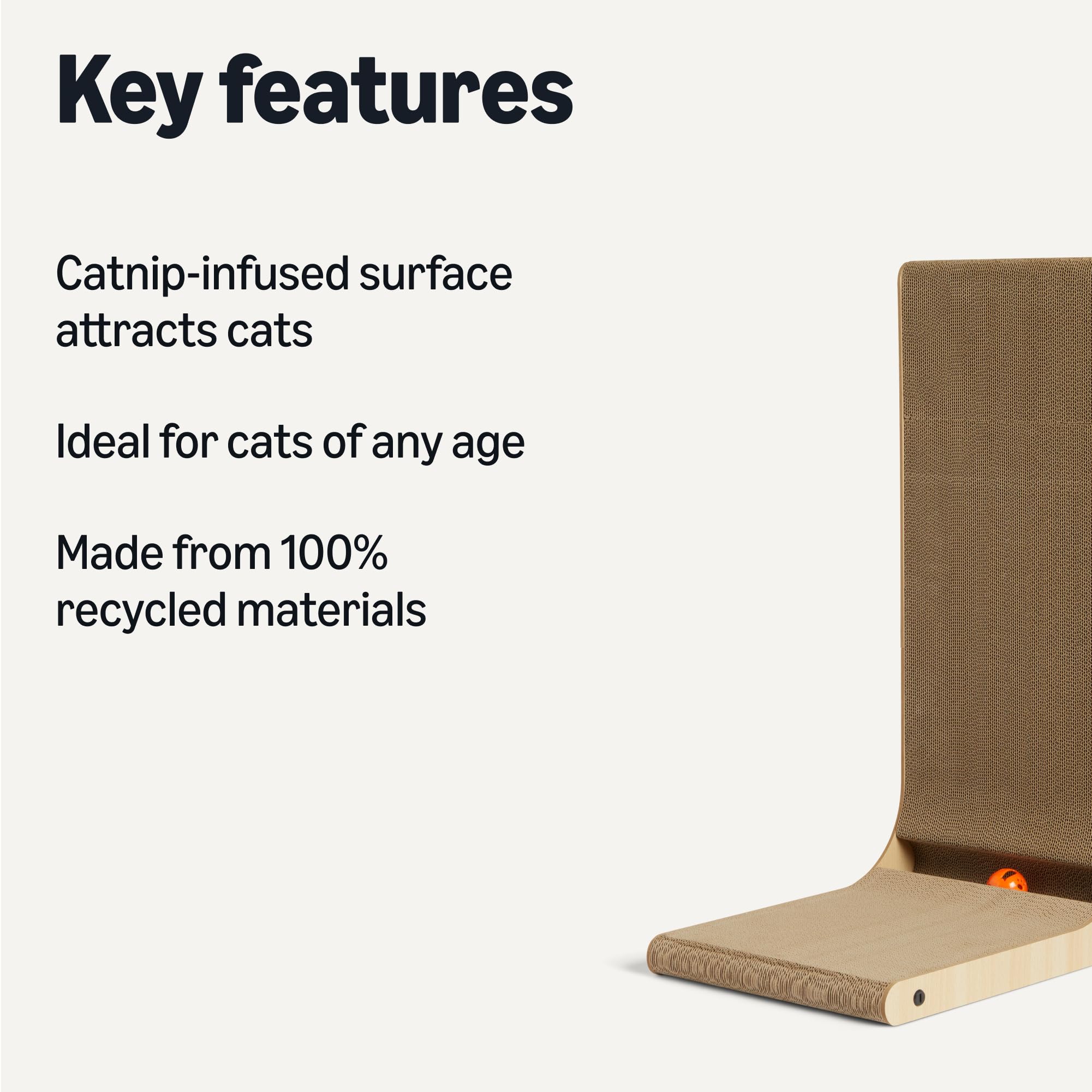 Amazon Basics cat scratch post showing the interactive ball for engaged play.