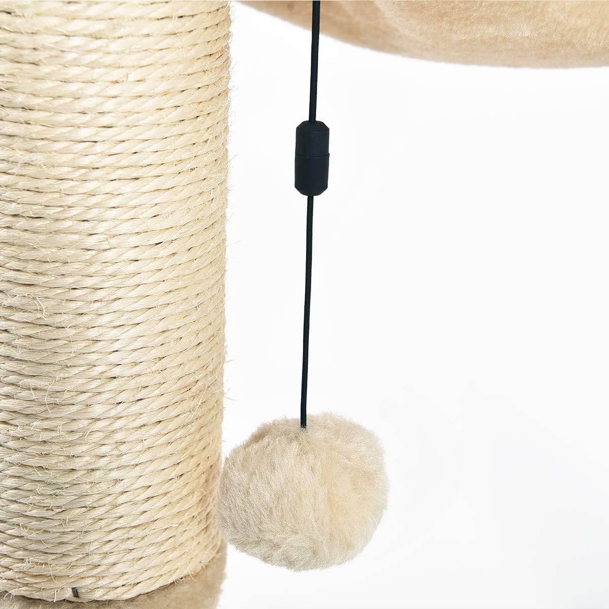 Amazon Basics cat tower dangling ball stimulates play and motion.