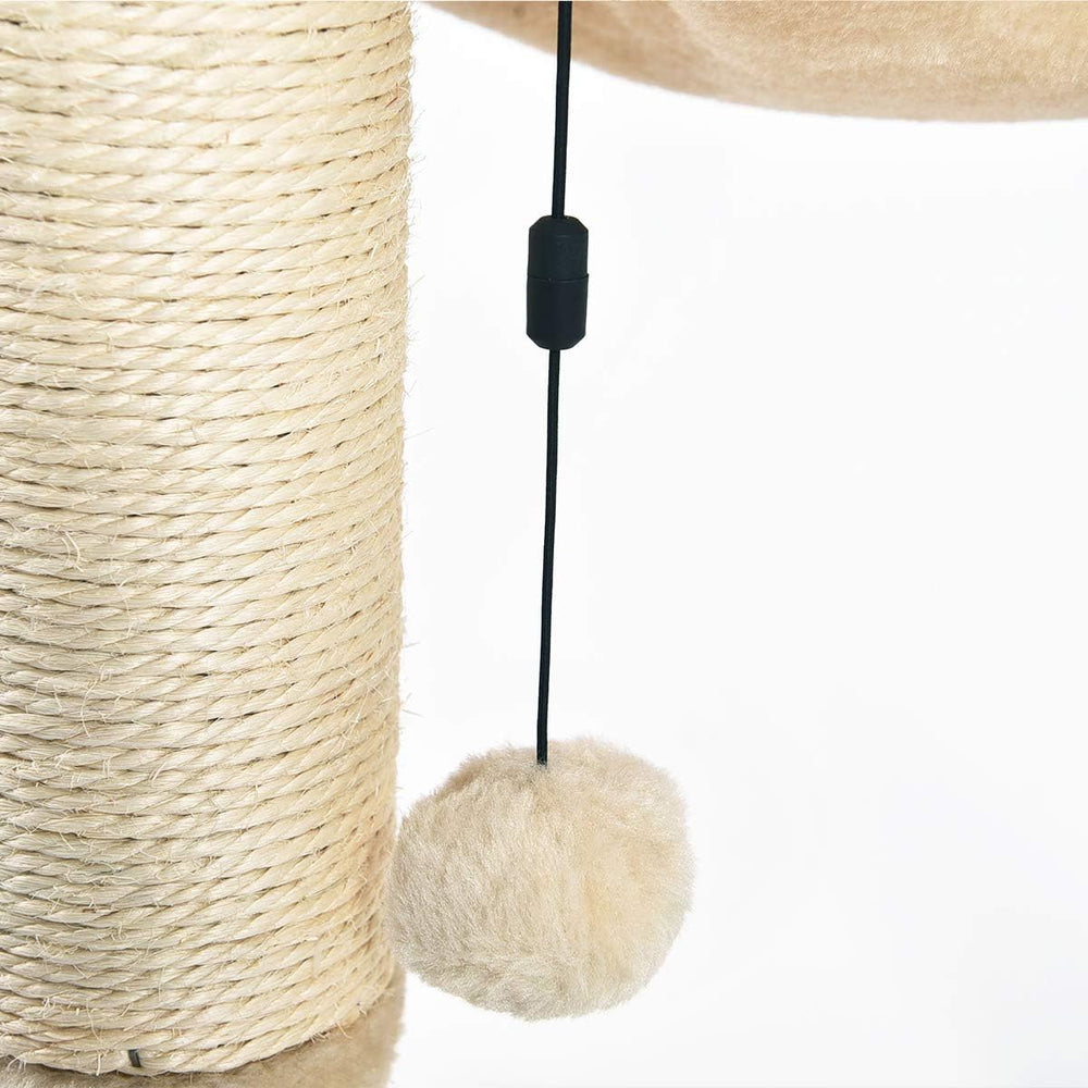 Amazon Basics cat tower dangling ball stimulates play and motion.