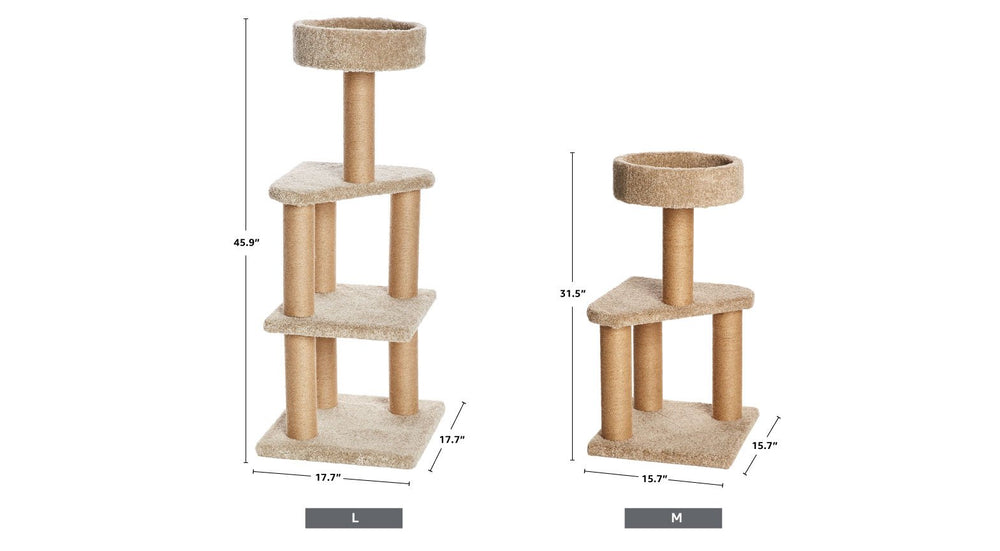 Amazon Basics cat tree designed for rooms with limited space and corners.