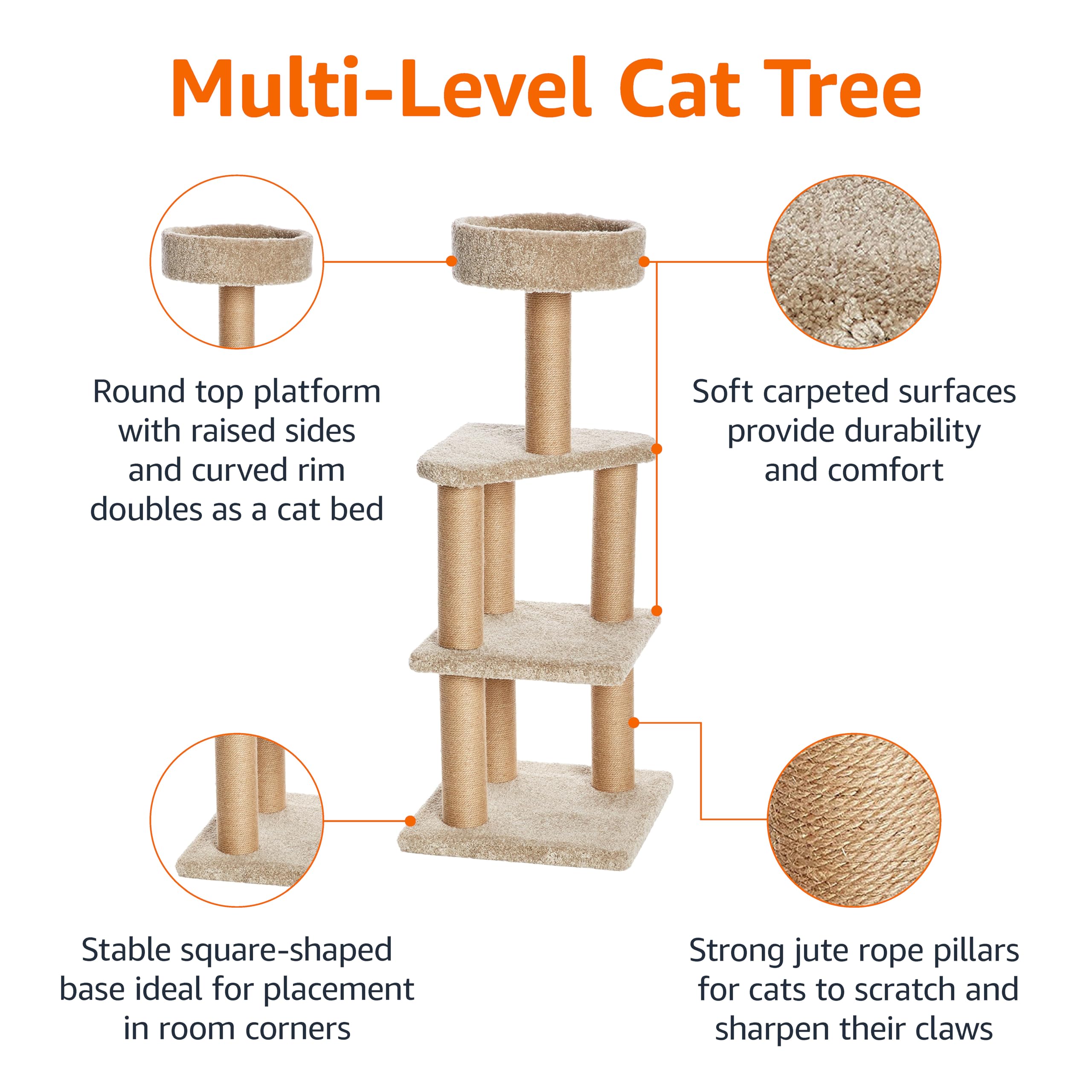 Amazon Basics seven-scratching-post setup wrapped in jute rope encourages healthy scratching.