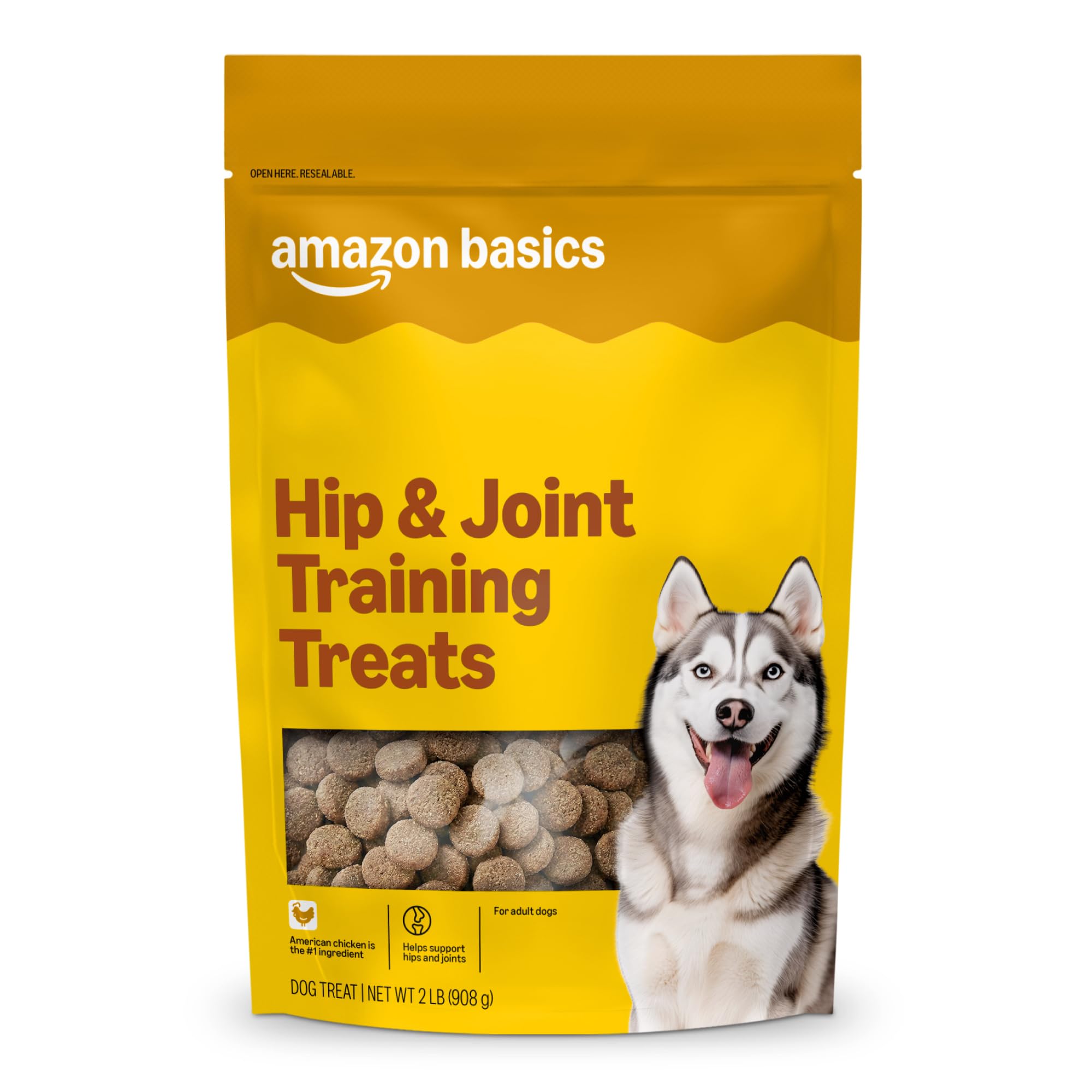 Amazon Basics chicken flavor hip and joint treats front bag for easy training rewards.