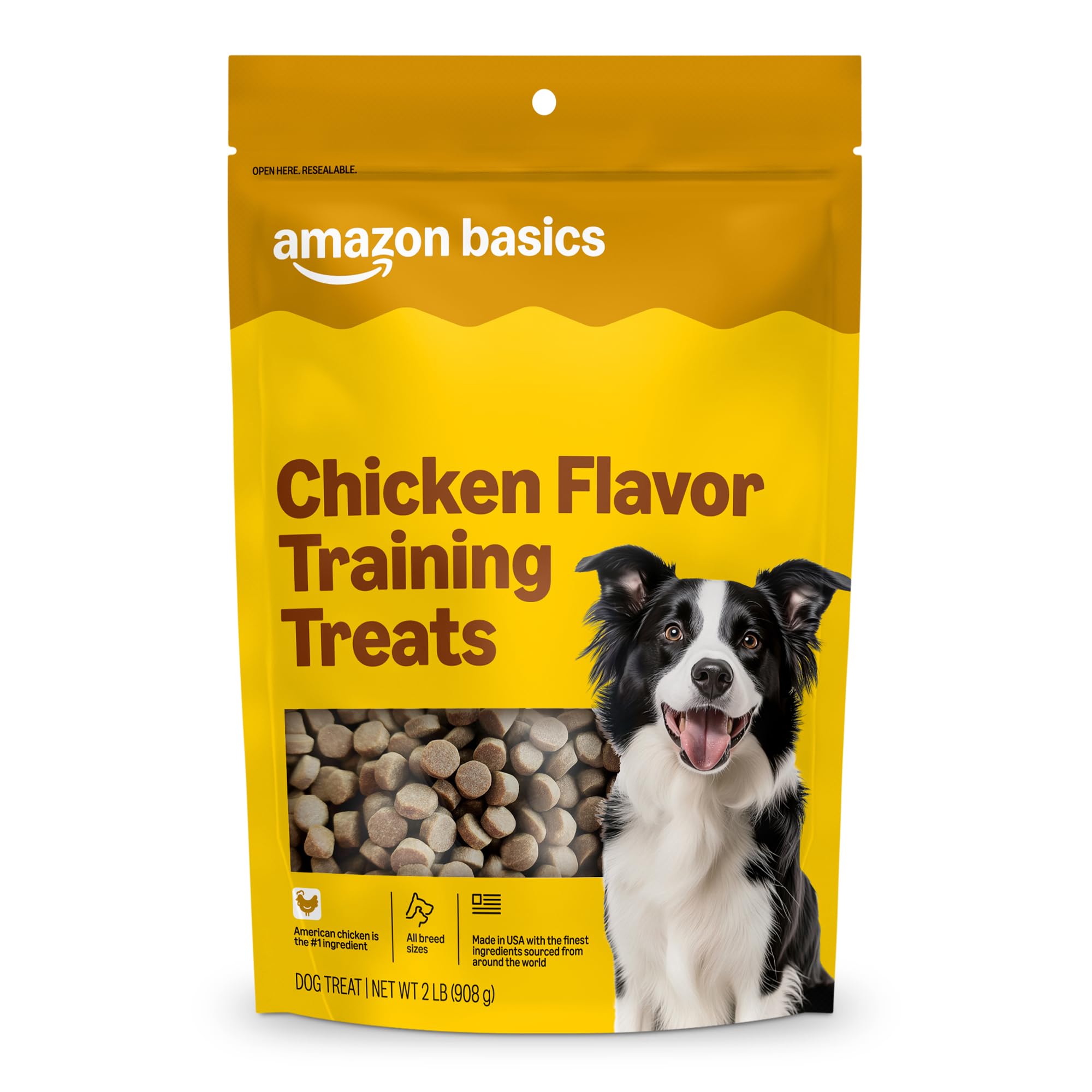 Amazon Basics Chicken Training Treats bag front view, ideal reward during training.