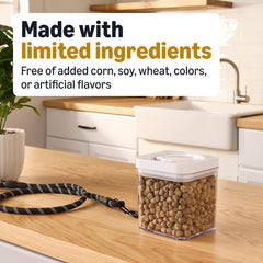 Ingredient label shows Amazon Basics chicken with prime protein as the leading ingredient.