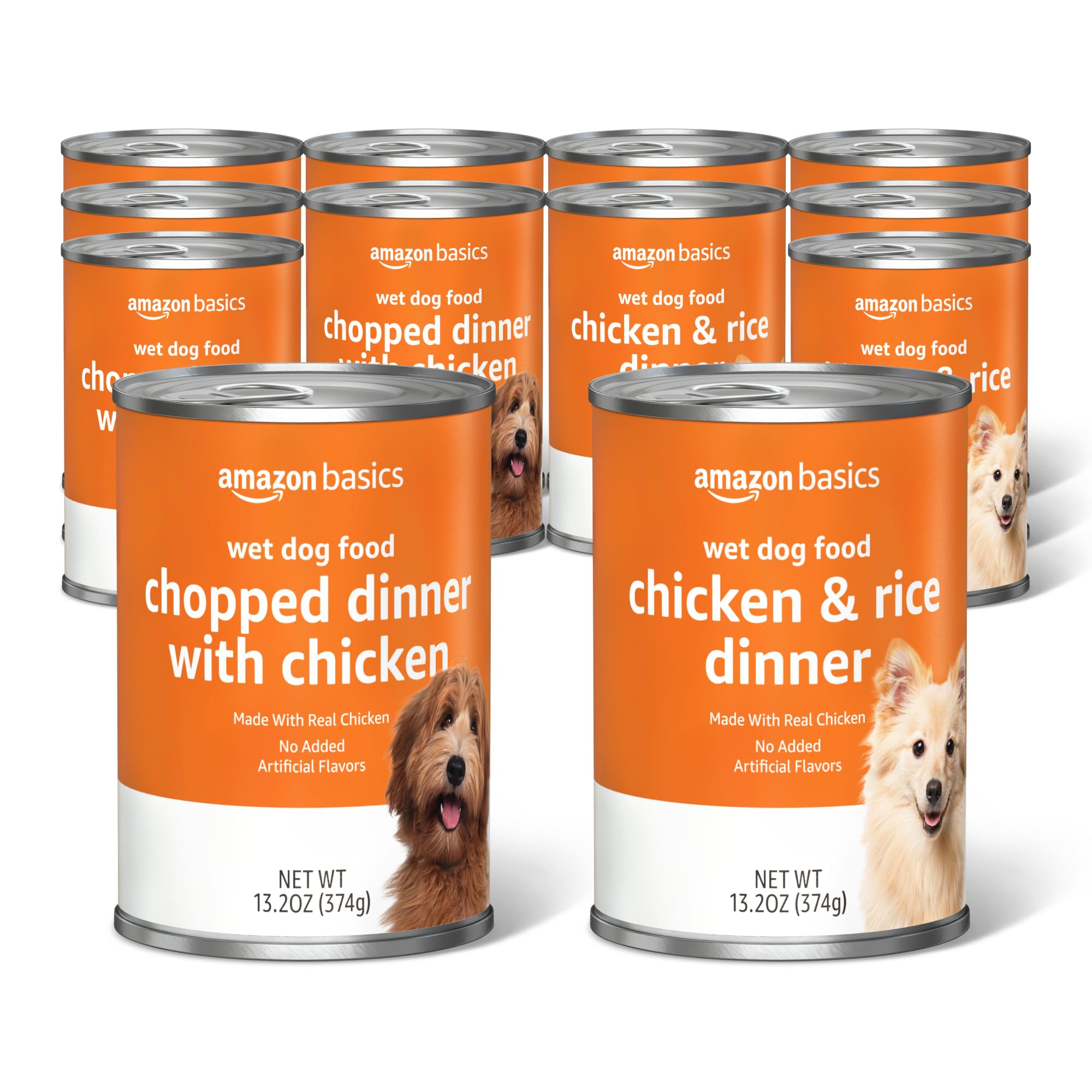 Amazon Basics chopped dinner wet dog food can with chicken and rice, easy to portion.