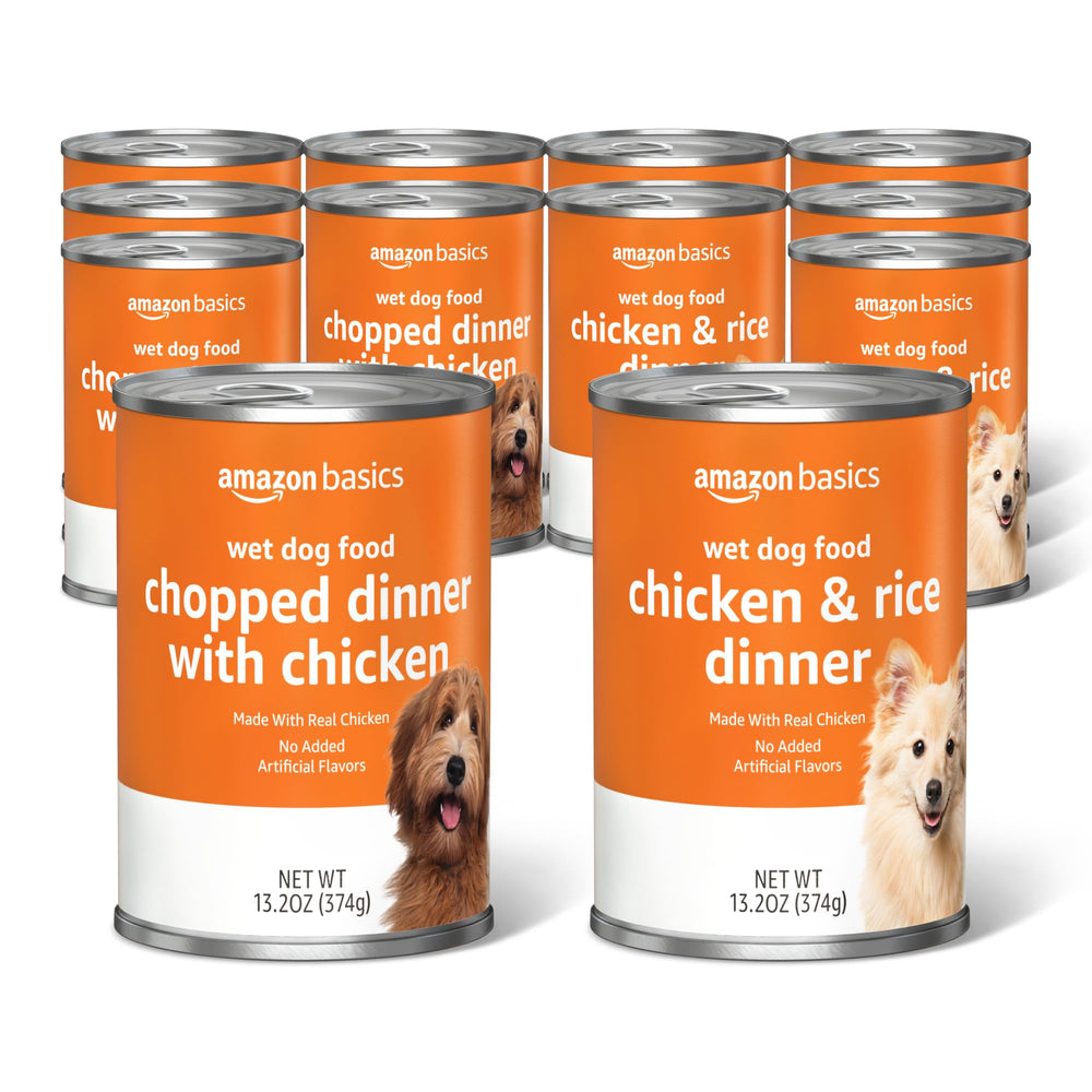 Amazon Basics chopped dinner wet dog food can with chicken and rice, easy to portion.