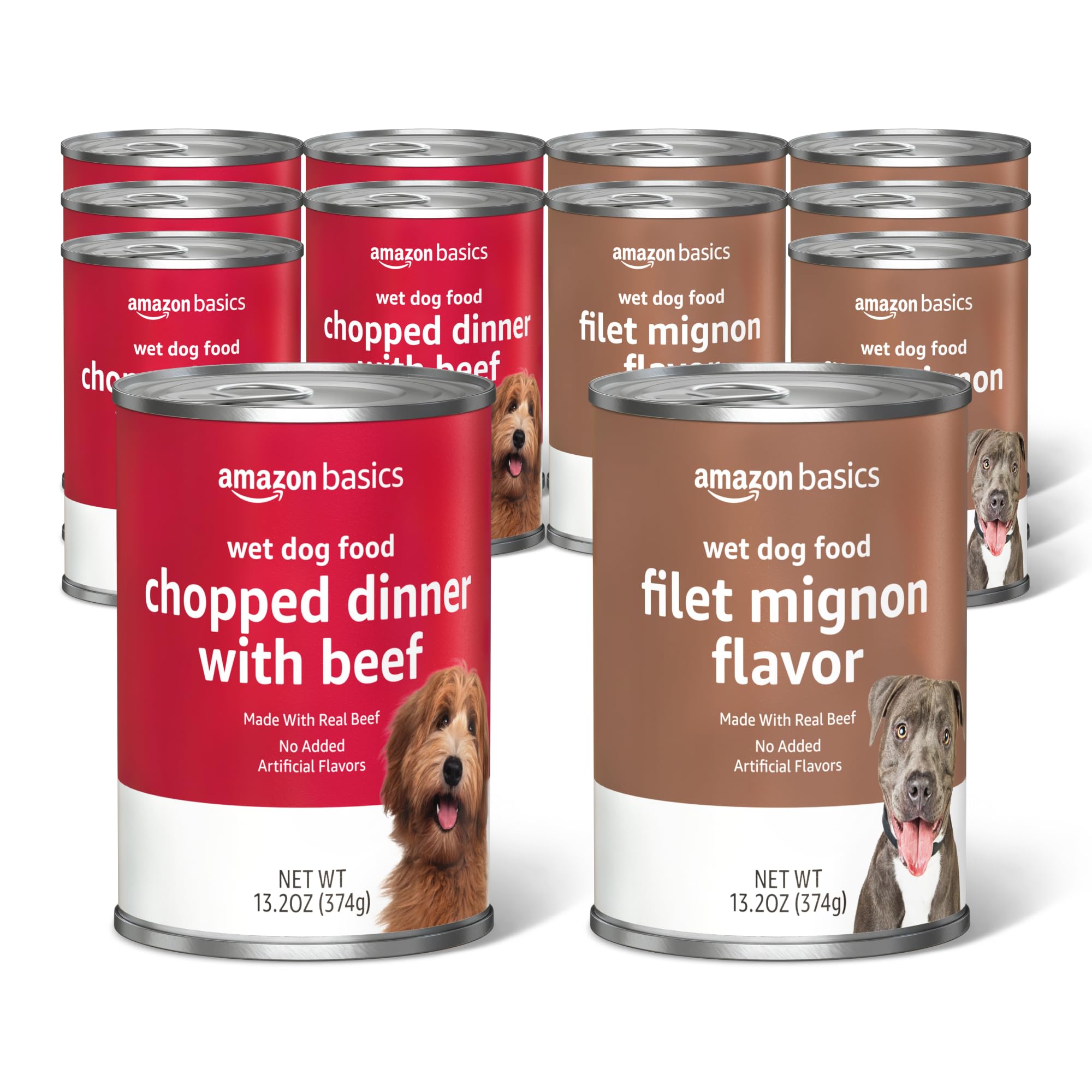 Amazon Basics chopped ground dinner dog food variety pack in cans for daily meals.