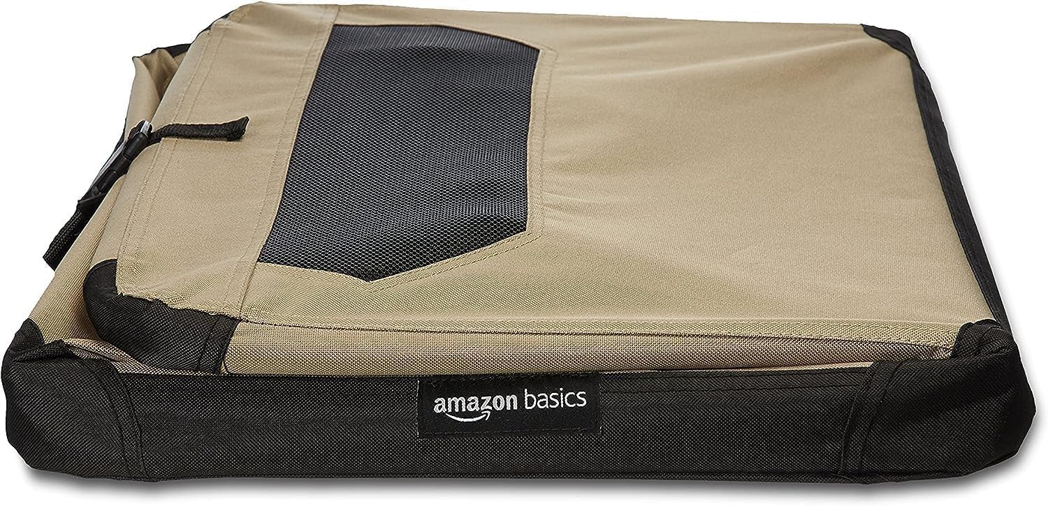 Collapsible travel kennel from Amazon Basics for car trips and hotel stays