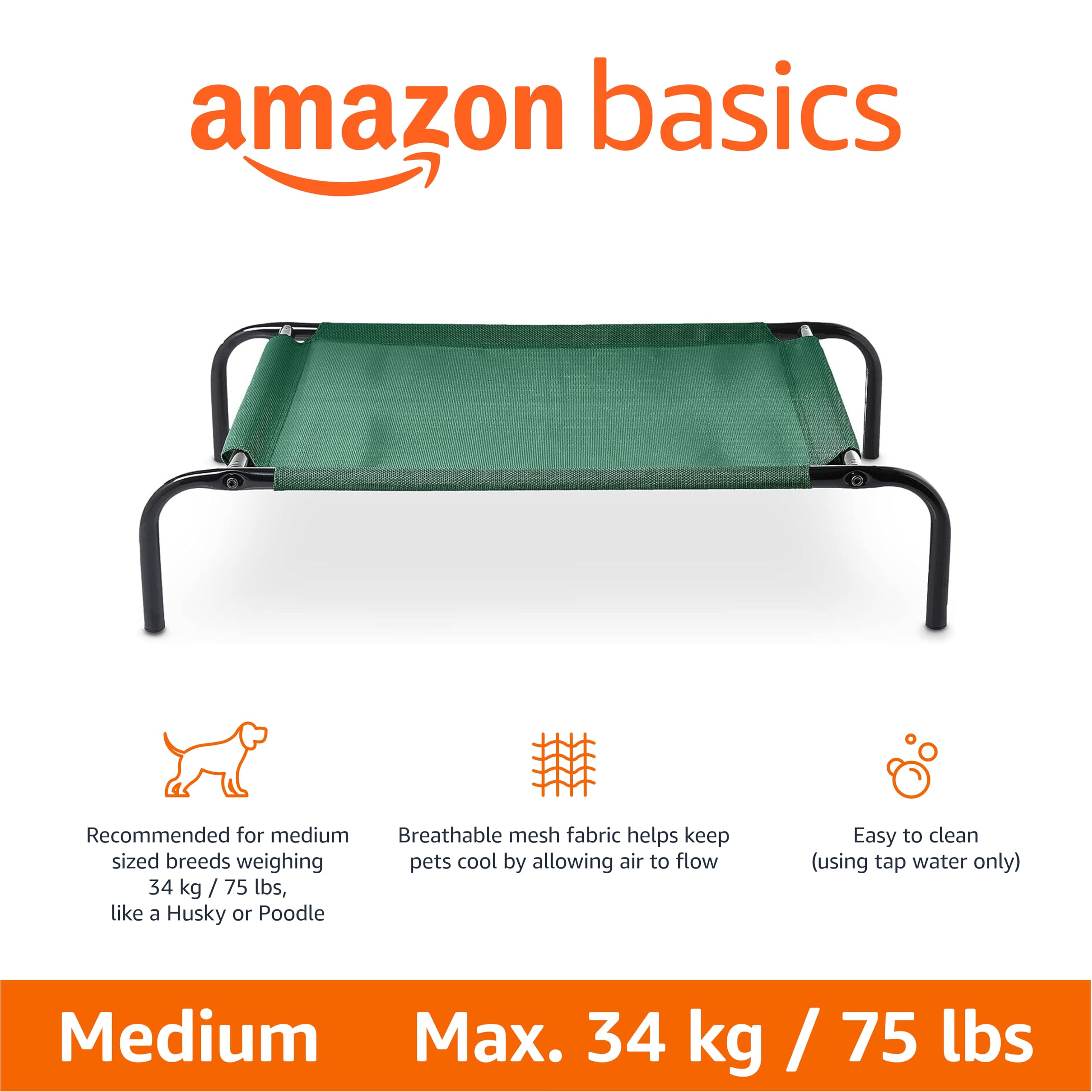 Amazon Basics cooling elevated dog bed green metal frame close-up showing sturdy construction
