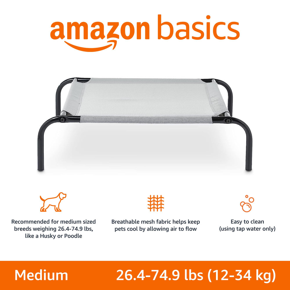 Amazon Basics dog bed close-up shows sturdy iron frame and durable construction.