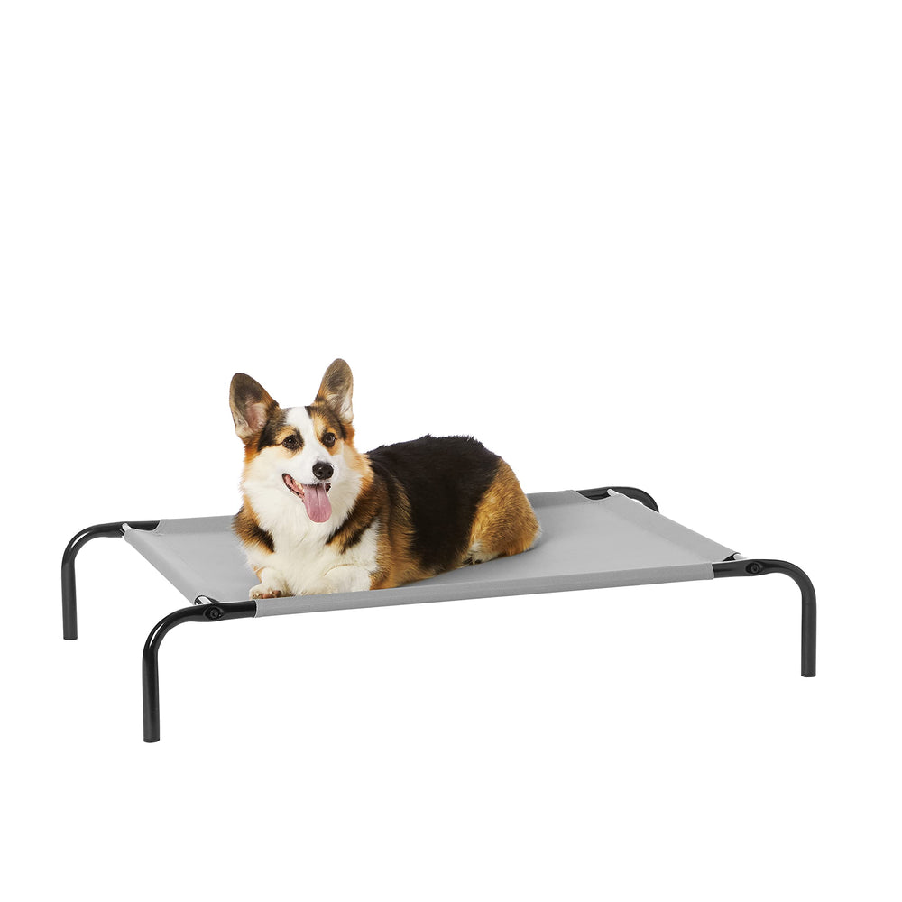 Amazon Basics cooling elevated dog bed in grey, side view, promotes airflow for cooler rests.